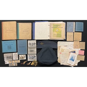 WW2 British RAF Navigators Group to 164849 Flying Officer Stanley Charles Masterson comprising of: Navigator's, Air Bomber's & Air Gunners Flying Log Book commencing 9/9/1943 to 17/10/1944, 111 hours day and 43 hours night. Aircraft include Oxfords, Ansons and Mosquitos. : RCAF Sight Log Book Jan 1944 to April 1944: Officer's Validity Card: RAF Flying Clothing Card listing kit issued: RAF Service & release Book: RAF Officers Service Dress Cap, Canadian made by Wm. Scully of Montreal complete Officers cap badge, chinstrap and with the original 1944 sales receipt: Officers Field Service Cap complete with badge: training logs, RCAF buttons, British made Navigators Brevette, plus a padded Canadian made Navigators Brevette with price label still affixed to reverse: Paybook, documents, photos, notebooks from training, telegrams, Planisphere of Air Navigation Star, etc. F/Lt. Masterson rose through the ranks from an Airman. Did his aircrew training in Canada. Saw early post war service in Italy. New to the market.