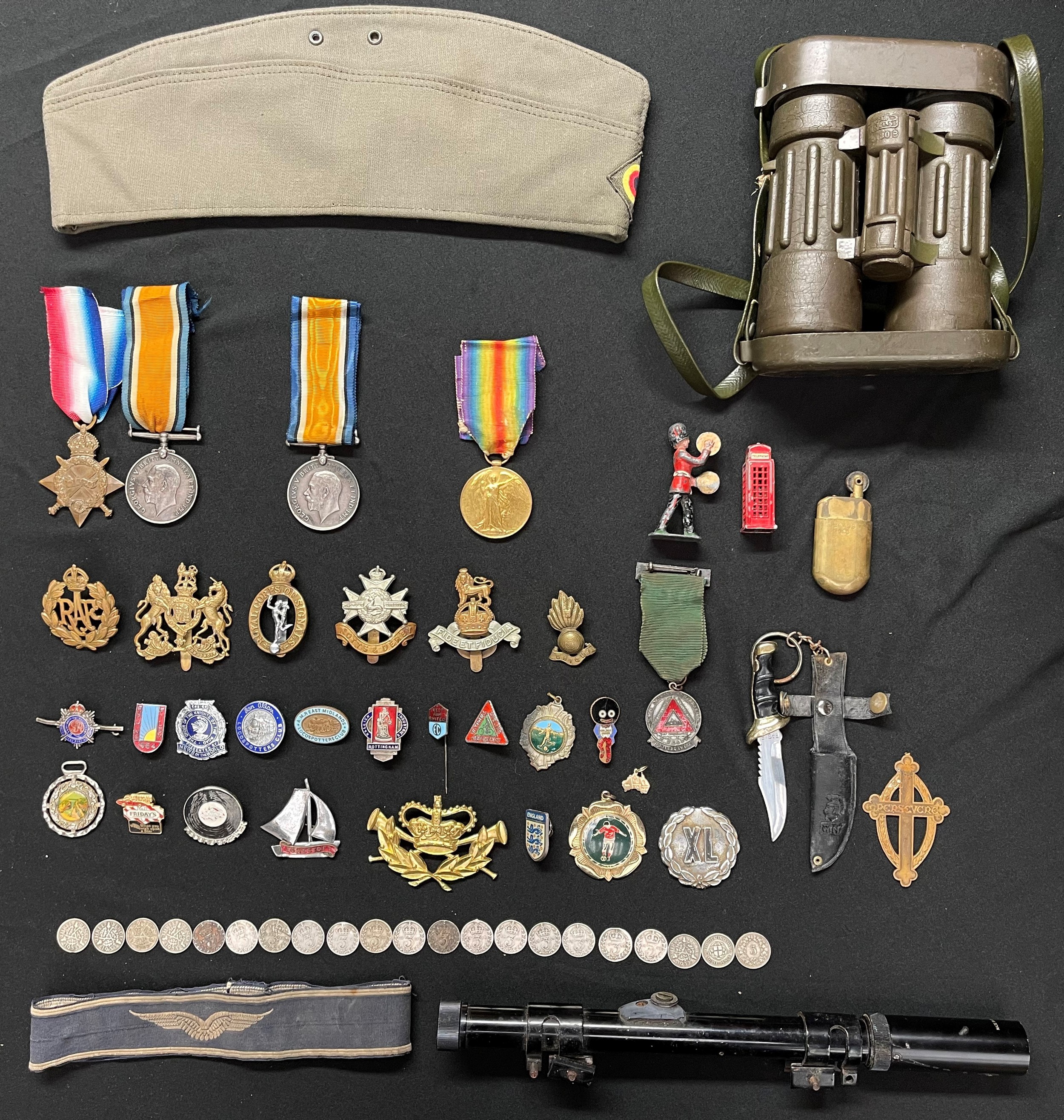 WW1 British 1914-15 Star and British War Medal to J10120 GW Chamberlain, AB RN: British War Medal to 9475 Pte F Spencer, Notts & Derbys: Victory Medal to 11184 Clp AFC Sharp, Leicestershire Regt. Plus various cap badges, West German cap, West German Luftwaffe cuff title, Carl Zeiss 6x30 binoculars, enamel badges, silver 3d coins, air rifle scope, etc.