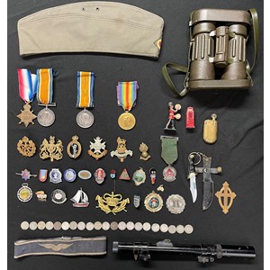 WW1 British 1914-15 Star and British War Medal to J10120 GW Chamberlain, AB RN: British War Medal to 9475 Pte F Spencer, Notts & Derbys: Victory Medal to 11184 Clp AFC Sharp, Leicestershire Regt. Plus various cap badges, West German cap, West German Luftwaffe cuff title, Carl Zeiss 6x30 binoculars, enamel badges, silver 3d coins, air rifle scope, etc.