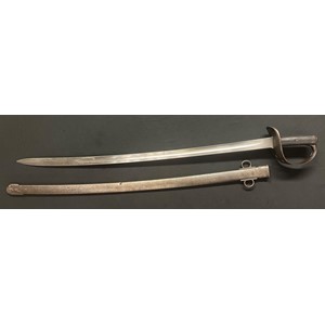 British 1885 Pattern cavalry trooper's sword with single edged fullered blade 870mm in length, maker marked "Weyersberg, Kirschbaum & Cie, Solingen" dated 3/92 along with many inspection marks. Overall length 101cm. Complete with scabbard with date 6/1892 plus unit markings of "Y Ntt 50".
