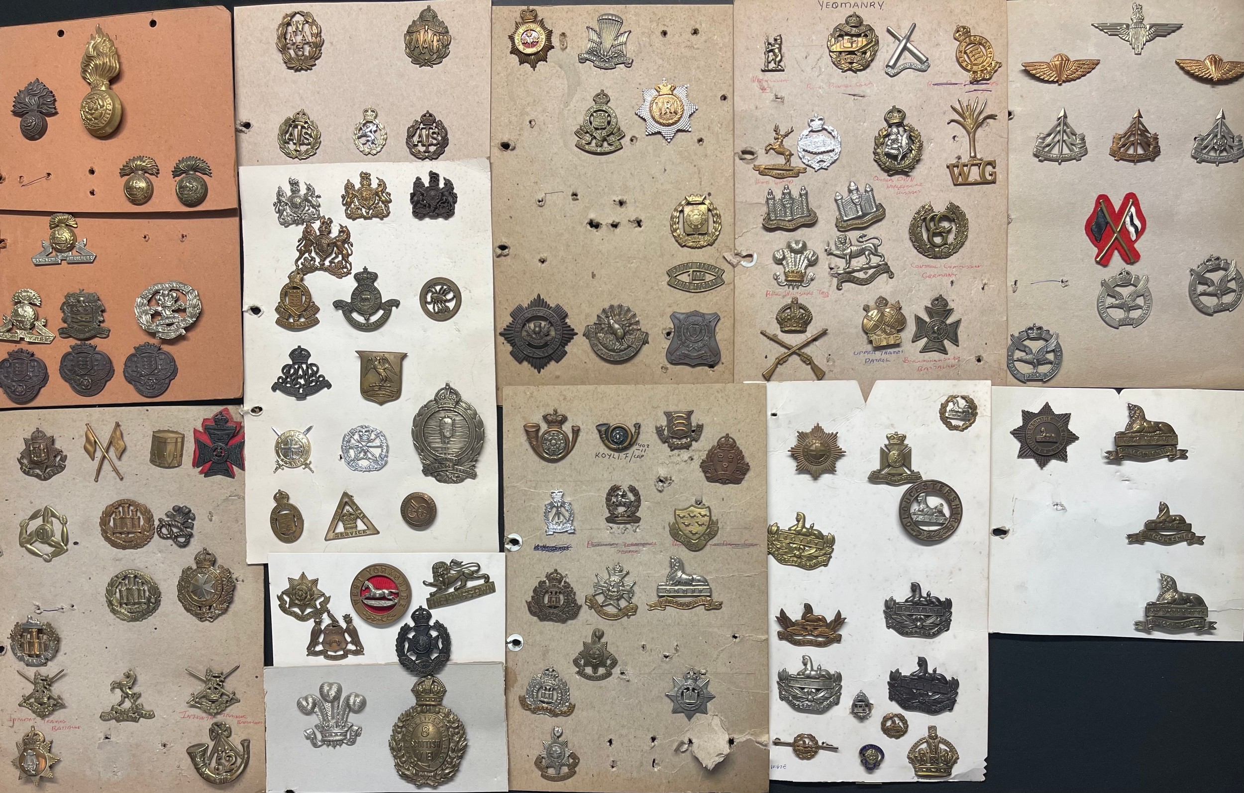 A collection of approx. 100 British & Commonwealth Cap badges plus some collar dogs and WW1 War Service badges to include: Northumberland Fusiliers, Lancashire Fusiliers, South Lancs Regt, WAAC, Queen Mary's AAC, ATS, WRAC, General Service Corps inc plastic, RAOC, 2nd battl Duke of Wellington's, East Surrys, KRRC, PTI, Northants, Kings Own Malta Regt, Essex Regt, Coventry Ordnance Works Special War Service, East Yorks, West Yorks, Kings Own, CCG, RTR, Welsh Guards, Lincolnshire Regt, Gloucestershire Regt, etc.