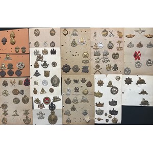 A collection of approx. 100 British & Commonwealth Cap badges plus some collar dogs and WW1 War Service badges to include: Northumberland Fusiliers, Lancashire Fusiliers, South Lancs Regt, WAAC, Queen Mary's AAC, ATS, WRAC, General Service Corps inc plastic, RAOC, 2nd battl Duke of Wellington's, East Surrys, KRRC, PTI, Northants, Kings Own Malta Regt, Essex Regt, Coventry Ordnance Works Special War Service, East Yorks, West Yorks, Kings Own, CCG, RTR, Welsh Guards, Lincolnshire Regt, Gloucestershire Regt, etc.