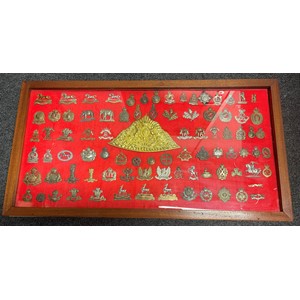 Framed collection of British Cap Badges. Mainly Cavalry / Yeomanry themed badges. Over 85 badges in total. To include 3rd Kings Own Hussars x 3, Queens Own Hussars x3, Queens Royal Hussars, IV Queens Own Hussars,  North Humberland Hussars, Royal Bucks Hussars, 14th Kings Hussars, 19th POW Hussars, Yorkshire Dragoons, South Notts Hussars x 2, Queens Own Oxfordshire Hussars, 9th Lancers, MTC, FANY, Army Cyclists Corps x2, RAC, Royal Warwicks, Cheshires, North Hants Yeomanry, etc. 16th Lancers Shako Plate.