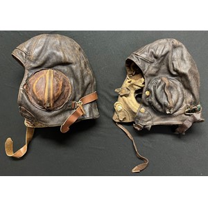 WW2 British RAF B Type Leather Flying Helmets: One in good condition size 6 1/2 to 6 3/4 maker marked and dated "B Starling & Co Ltd 1939".  Plus another in relic condition suitable for restoration. (2)