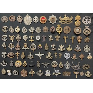 A collection of approx. 80 British cap badges to include: Northants Regt, West Yorks, Argyll & Sutherland Highlanders, Rifle Brigade, 22 Cheshire Regt, Cameronians, Isle of Wight Regt x 2, East Lancs, 3rd Vol Bn Hampshires, Hampshire Regt, RMP, 5th Lancers, Duke of Connaught's Own, IX-XII Lancers, XXIV Lancers, XXI Lancers Officers Bronze, Carabiners, XXI Lancers, Welsh Guards x 2, Grenadier Guards, Scots Guards, Middlesex Regt, Lancs Fusiliers, Royal Hampshires, XXIV Lancers enamelled, Queens Own Hussars, Lanarkshire Yeomanry, Notts & Derbys, Robin Hoods, RAC, Second Life Guards, 8th Gurkhas, 6th Gurkha Rifles, Duke of Cornwall's Light Infantry, KSLI, Royal Observer Corps, QC Parachute Regt, etc. Plus RE Sweetheart lapel badge and WW1 Army Pay Corps Shoulder title.
