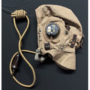 WW2 British RAF D Type Flying helmet, late pattern, complete with full wiring loom. Named to "RB James" and "Paul, J.A.".