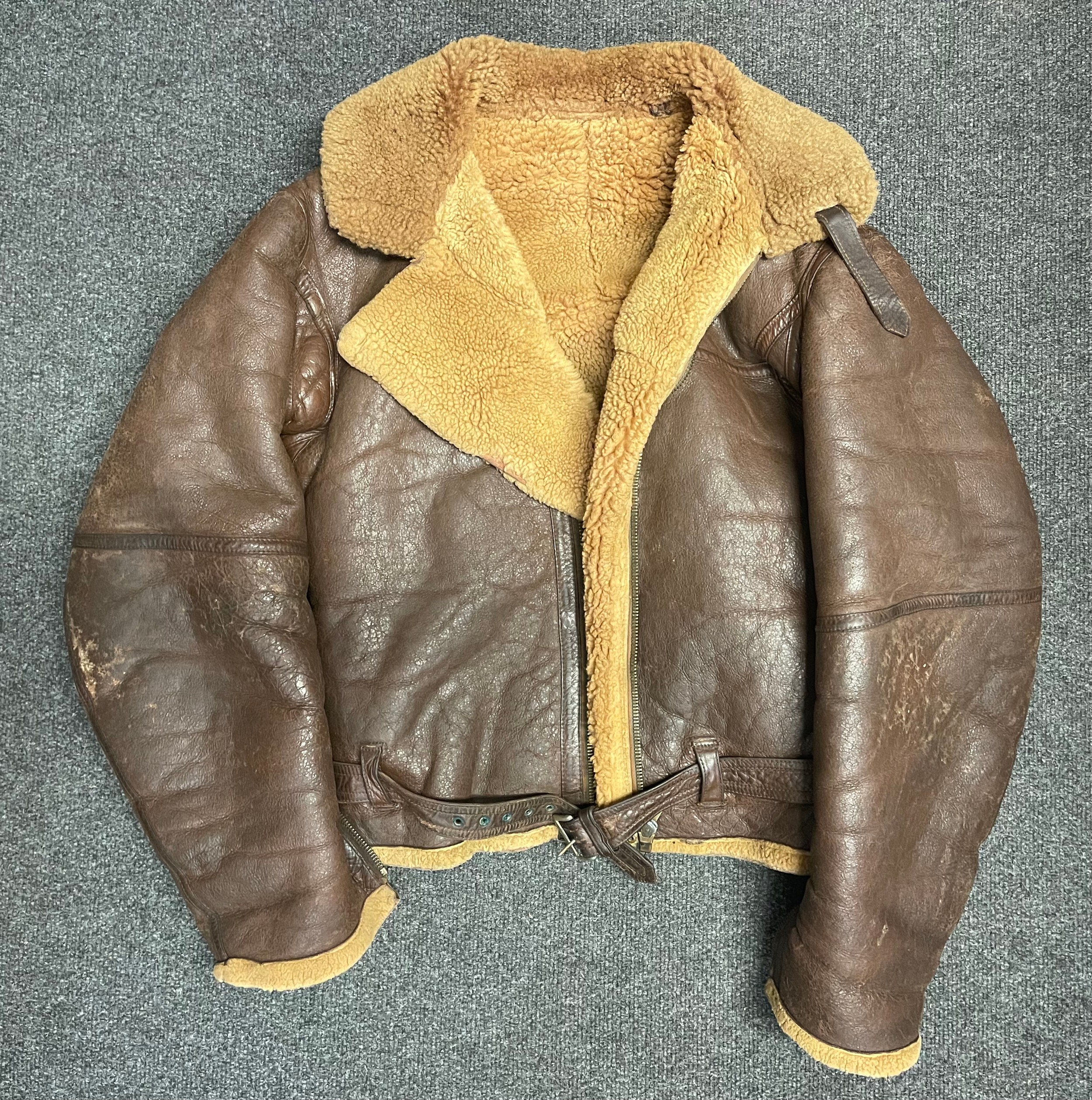 WW2 British RAF Irving Sheepskin Flying Jacket. Size approx. 36 inch chest. Split to one panel under armpit.