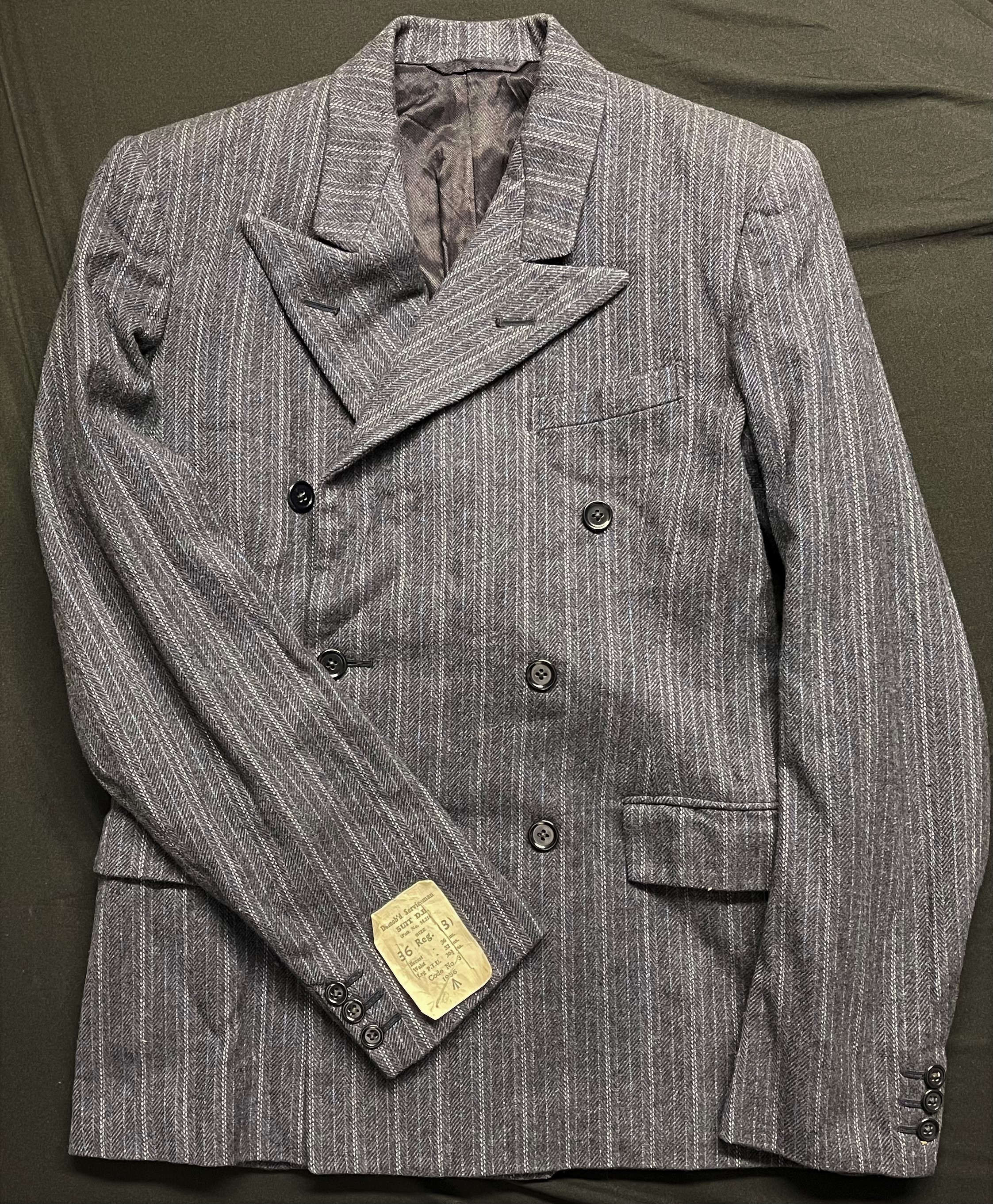 Post War British Servicemans Demob Suit Double Breasted Jacket, unissued condition and still with all labels affixed. Size 36 chest.