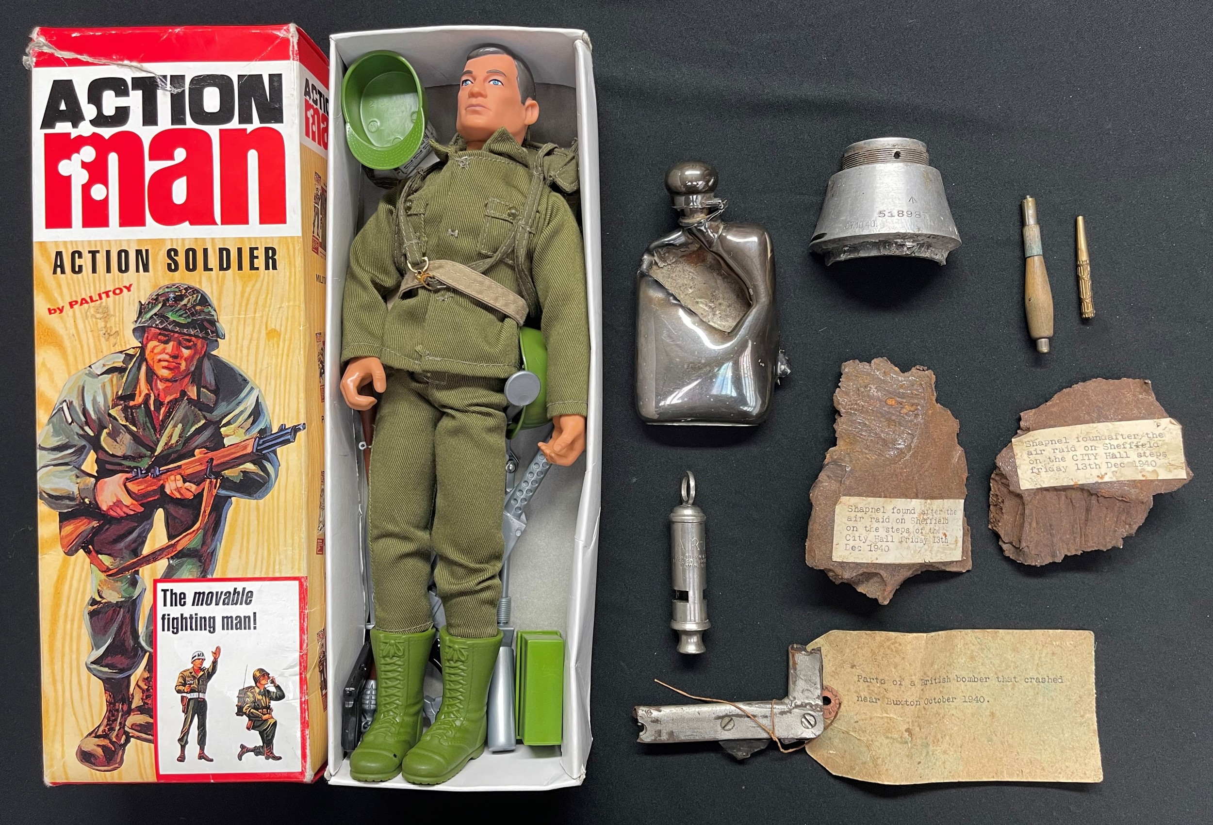 WW2 British Local Interest - World War II , J Hudson ARP whistle, shrapnel fragments from Sheffield air raid Friday 13th December 1940;  Bomber fragment crashed near Buxton October 1940; EPNS Shrapnel damaged hip flask: Action man figure in box, etc