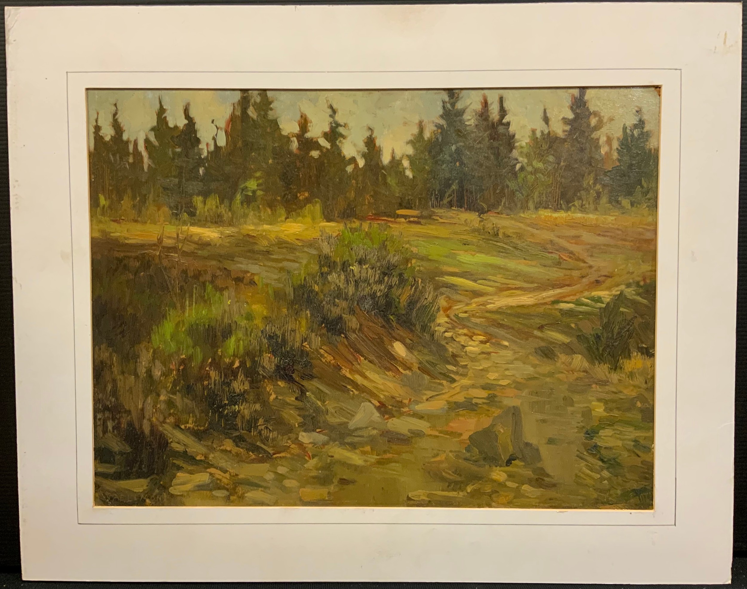 Joseph Warlimont, Pine forest at dusk, oil on board, 29cm x 39cm.