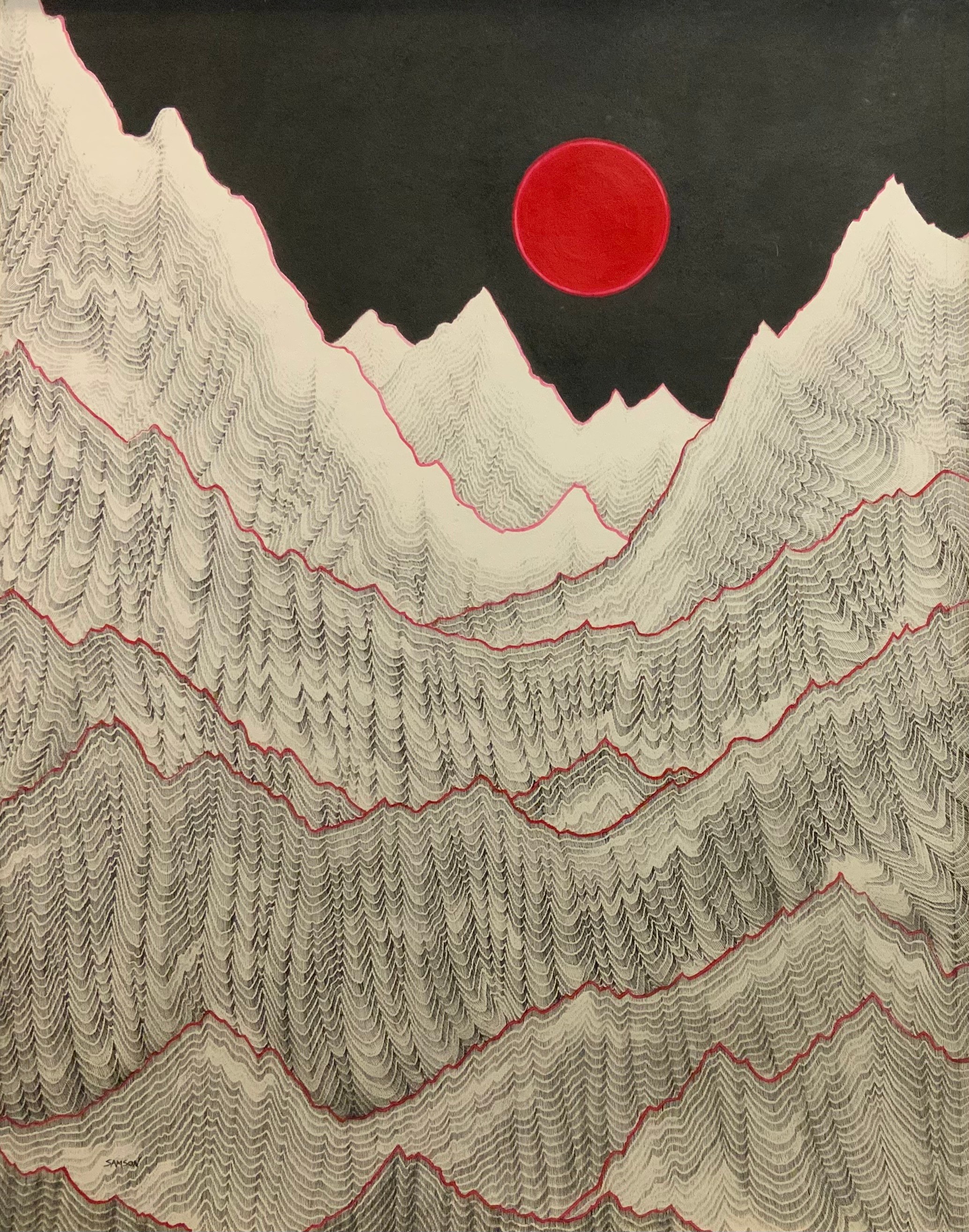 Samson, (British Modern school), 'Sunset on the Roof of the World', signed, ink and watercolour, 61cm x 48cm.