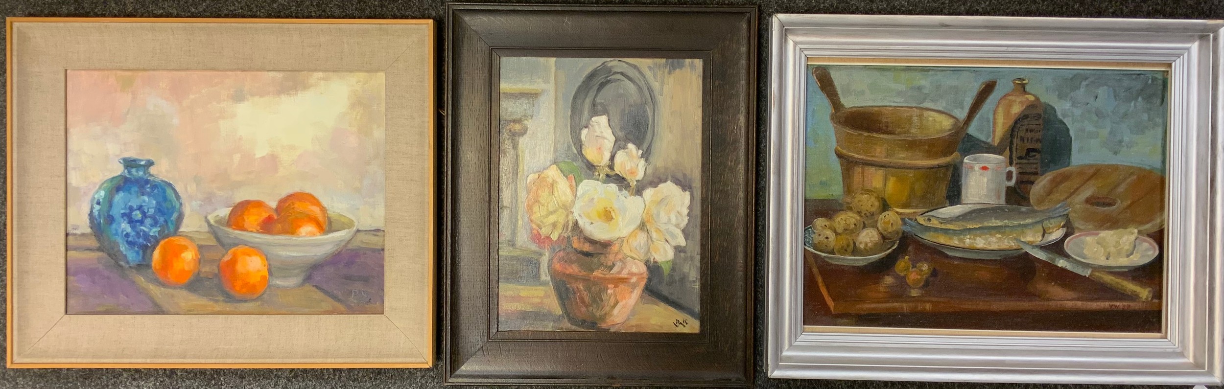 Viktor Westerlund (Finnish, 20th century), Still Life study 'A Fisherman's Supper', signed with monogram V.W., dated '97, oil on board, 40cm x 54cm;  two further still life studies, Paivio Westerland Knighton, each monogrammed P.K. (3).