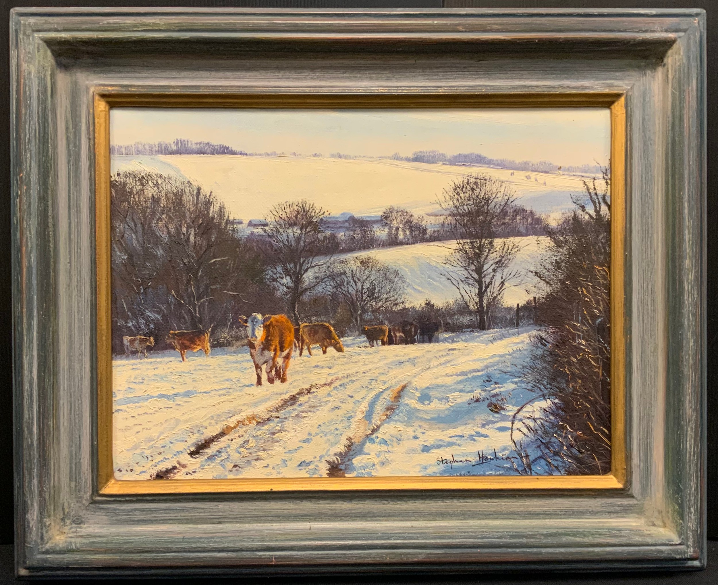 Stephen Hawkins A Winter Landscape with Cattle signed, oil on canvas, 29cm x 39cm