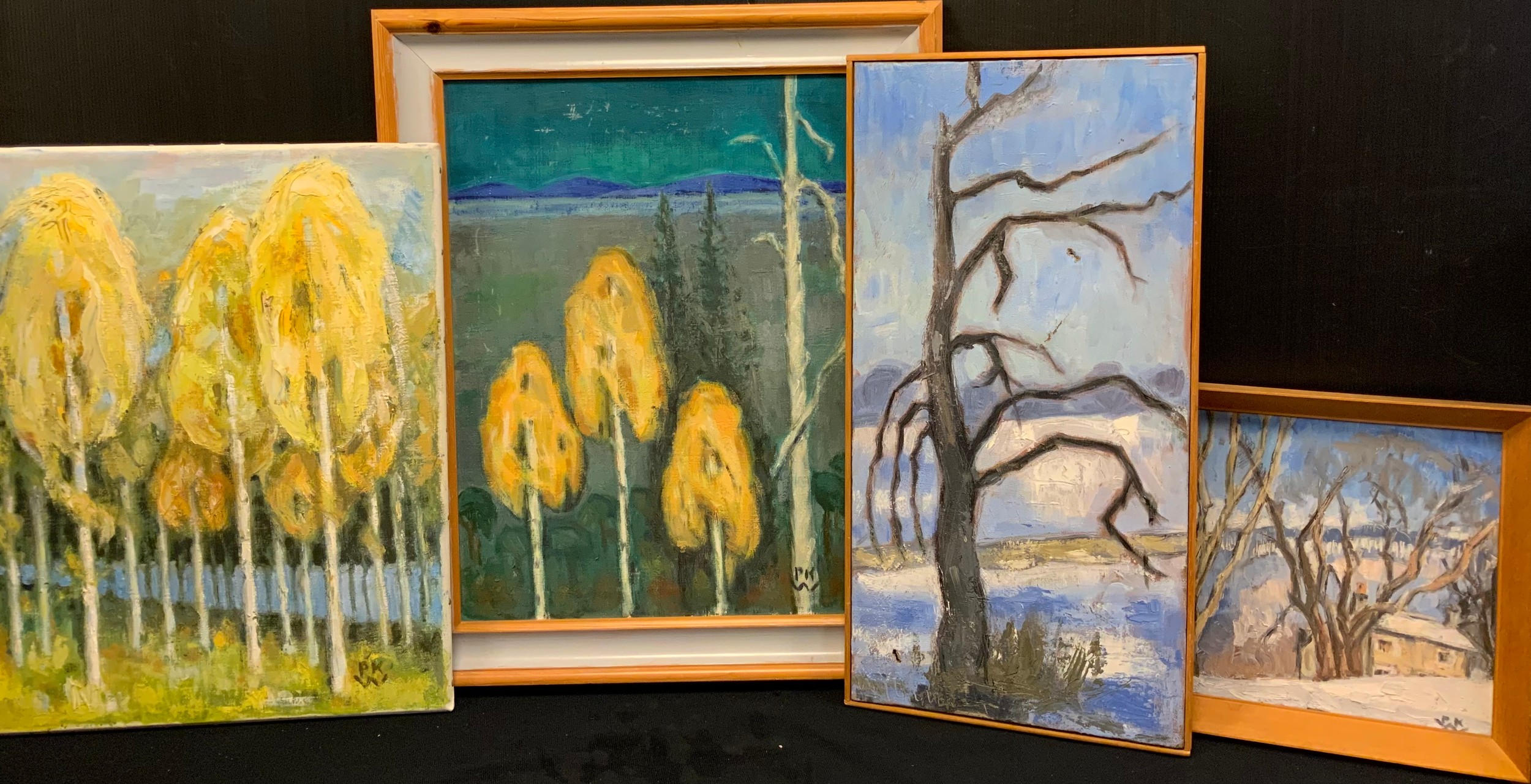 Paivio Westerlund Knighton (active 1968 - 1986), Three Golden Birches, Finland, signed, oil on canvas, 46cm x 36cm, and another, similar;  another, Derbyshire Farmhouse, Winter, signed, oil on board, 23cm x 25.5cm; 'Tree', signed, label to verso, dated 1965, 49cm x 23cm;  etc, (5).