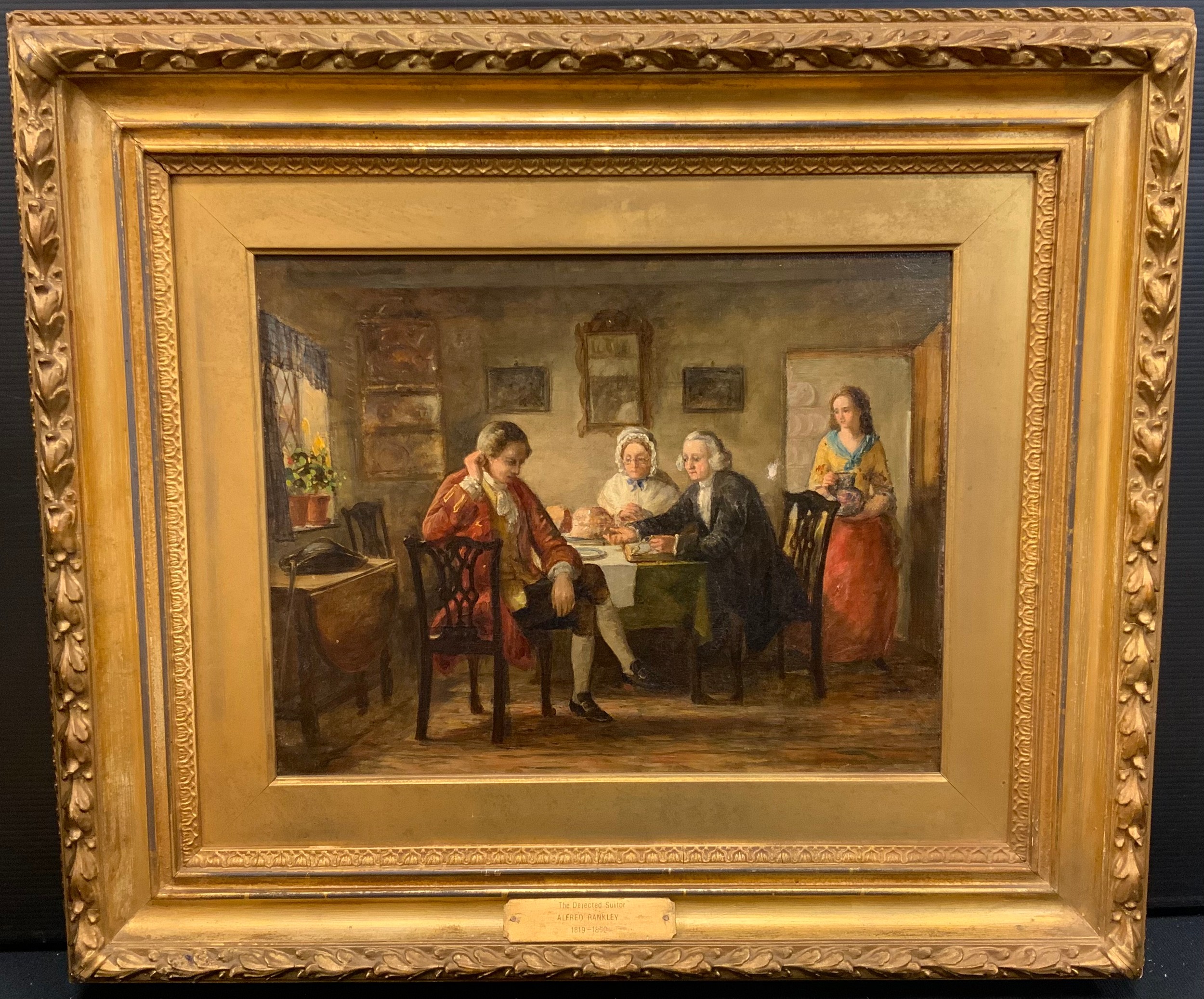 Alfred Rankley (1819-1872) attributed to, 'The dejected suitor', oil on canvas, attribution and title to plaque on frame, 25.5cm x 30.5cm.