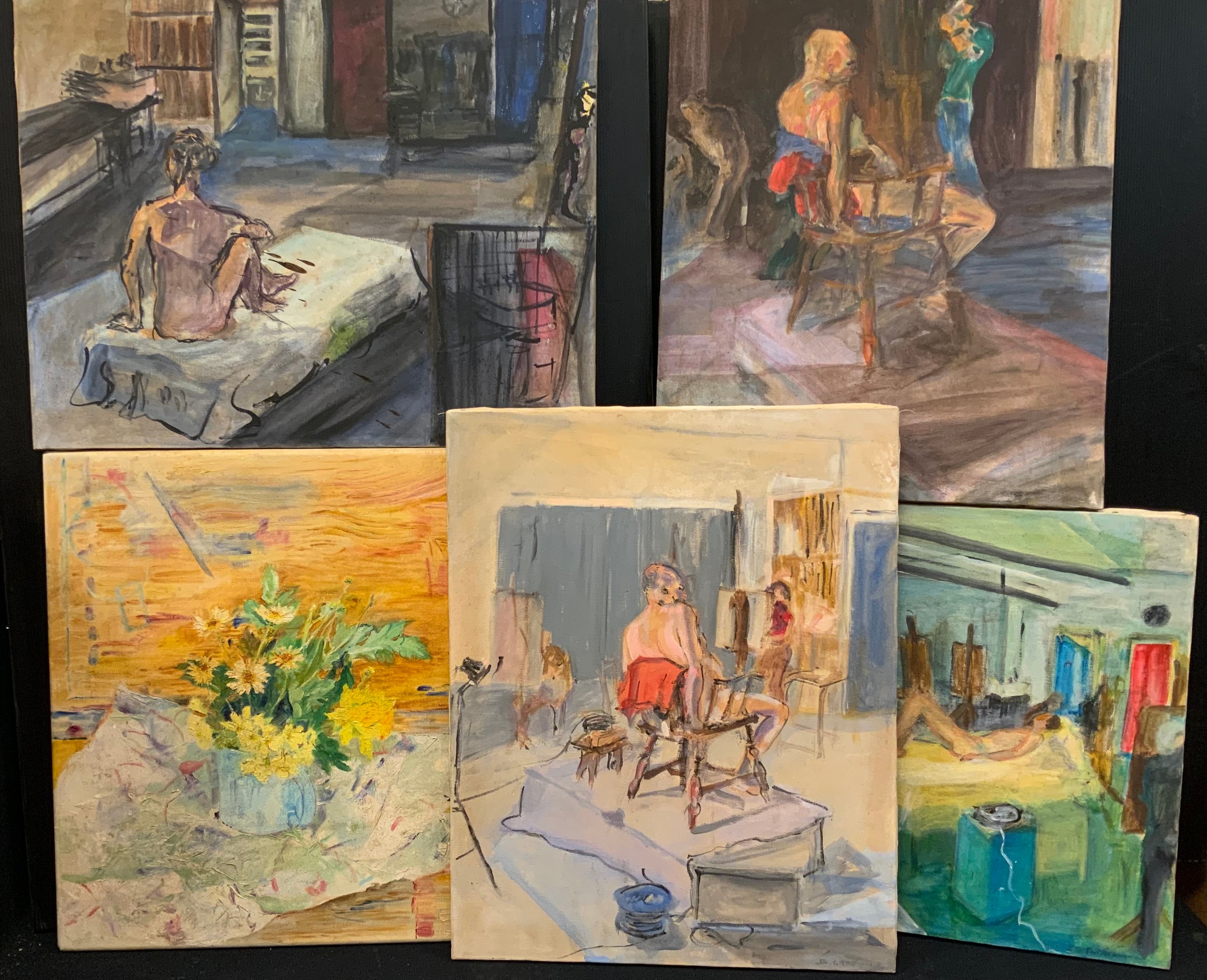 Betty Greenhalf, a set of four studio canvases - nude studies, signed to verso, oils on canvas, 50cm x 40cm;  another, still life study, (5).