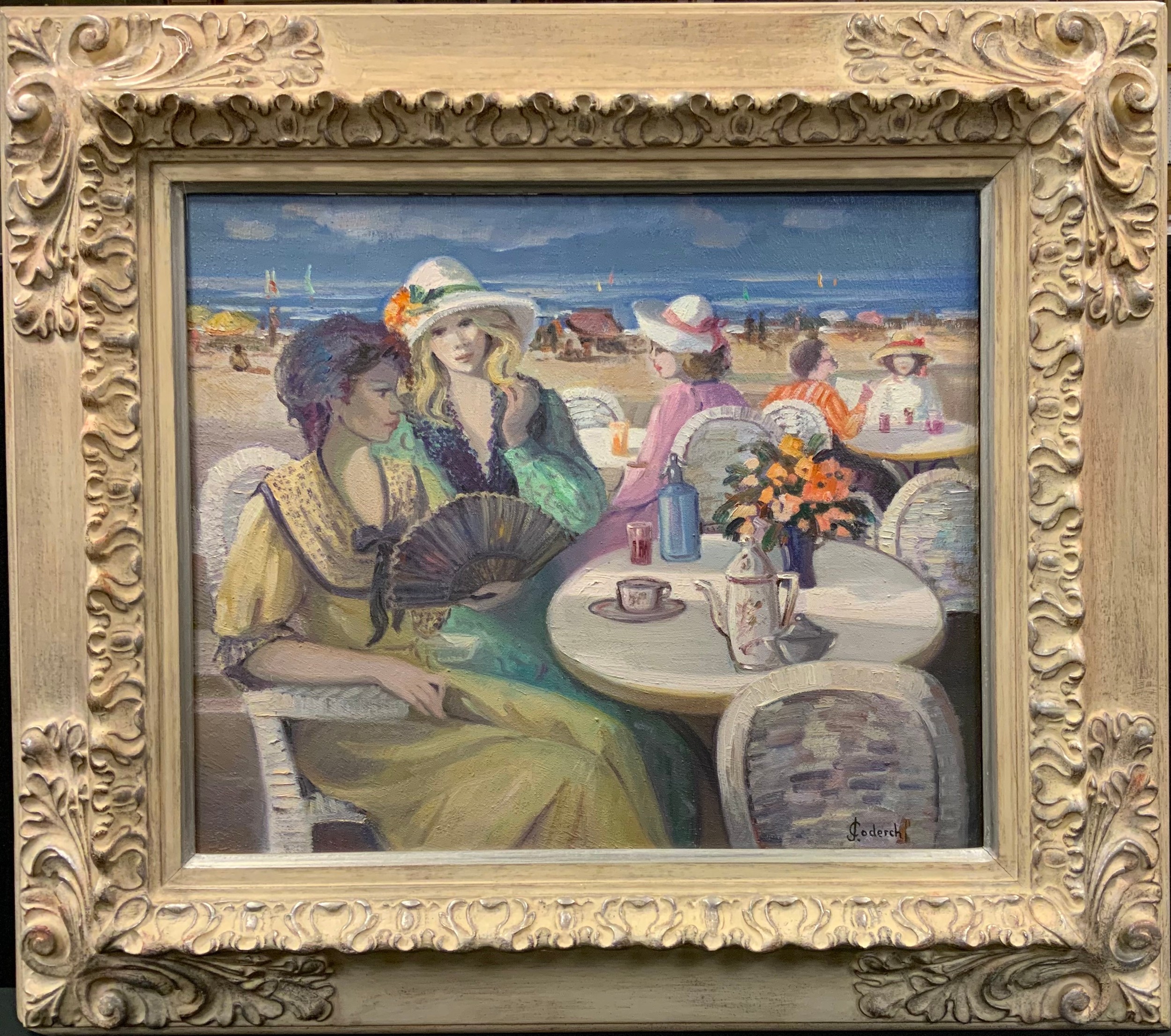Josefina Coderch (bn 1934)  'French Riviera Ladies', signed, oil on canvas, 46cm x 55cm.