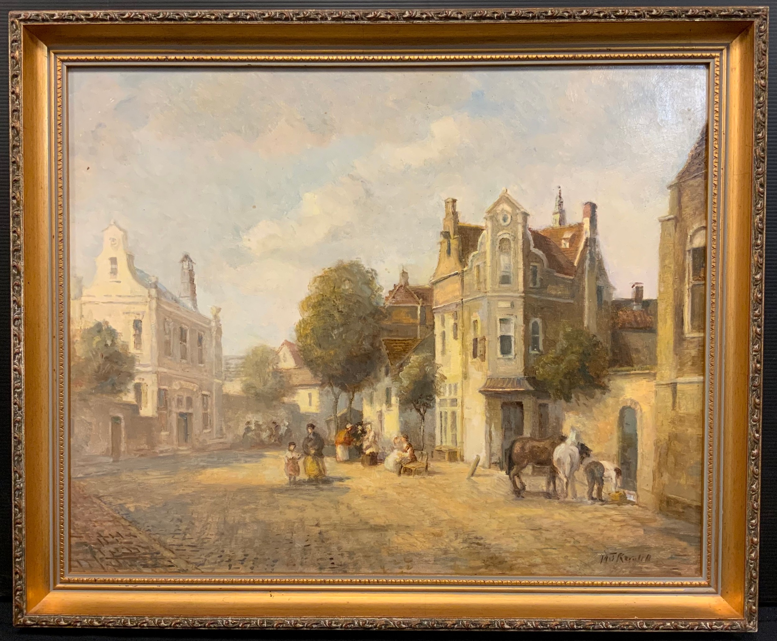 M. J. Rendell, Early morning light in the old town, signed, oil on board, 40.5cm x 51cm