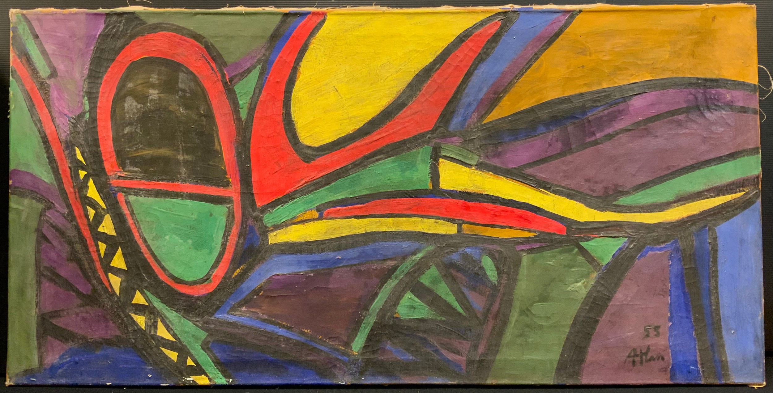 In the Manner of Jean-Michel Atlan, 'Composition with figures', bears signature, dated '55, stamped label to stretcher bar verso, oil on canvas, 50cm x 100cm.