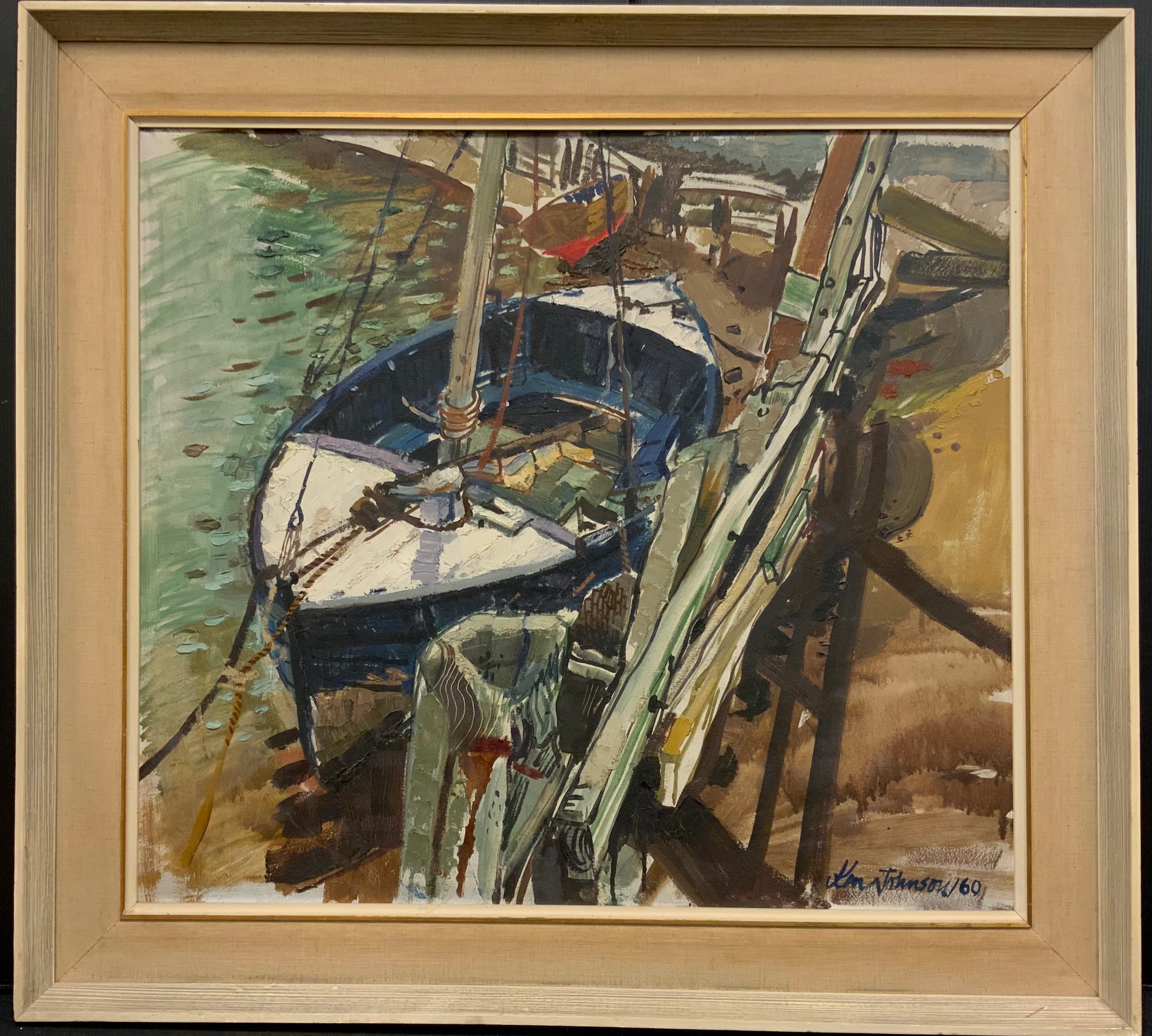 Ken Johnson (mid 20th century British school), The Blue Boat, signed, dated 1960, oil on board, label to verso, 60cm x 66cm.