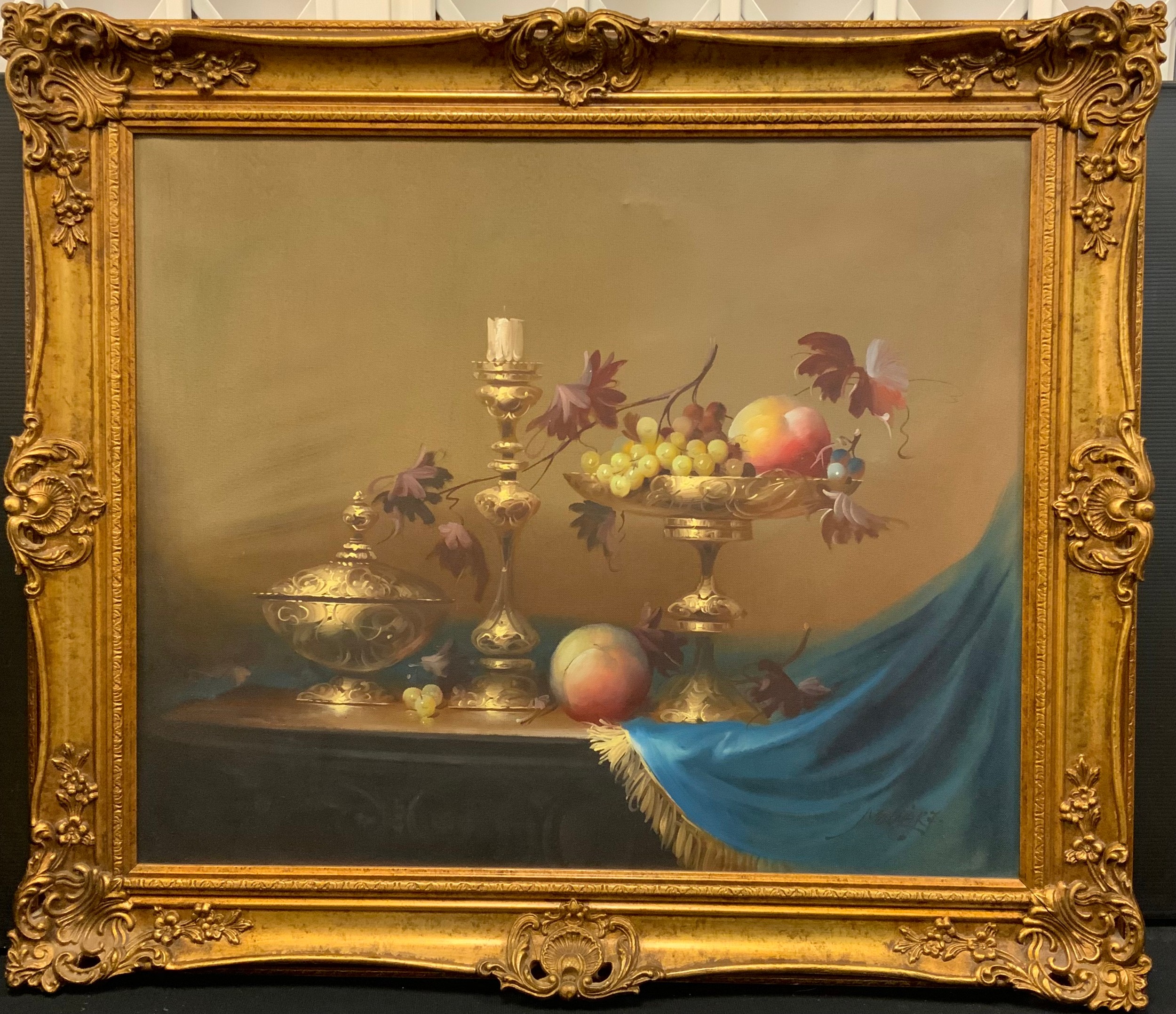 Jozsef Molnar (Bn. 1939) Still Life of Ripe Fruit on a Gilt Comport signed, oil on canvas, 49cm x 59cm