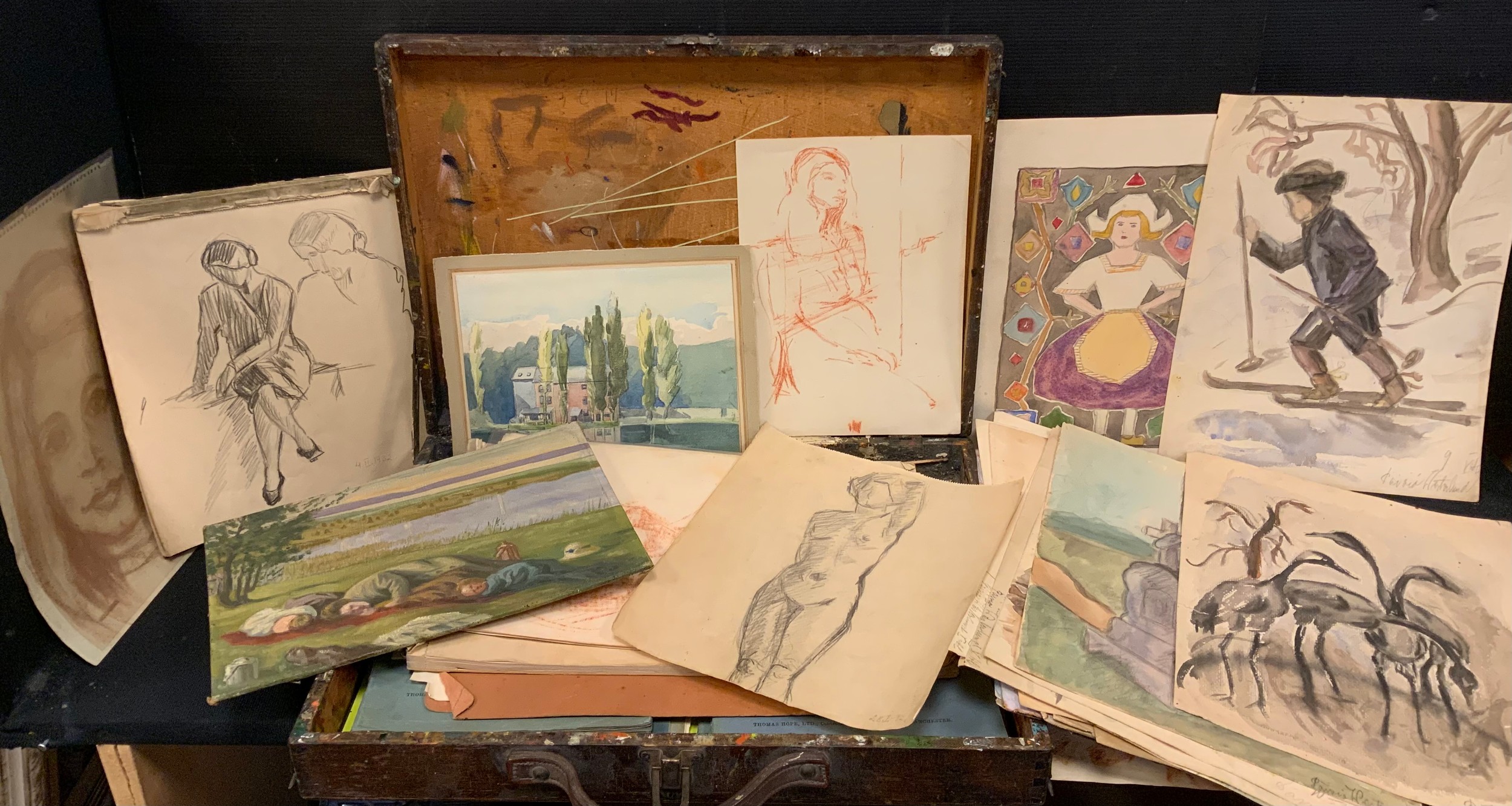 Paivio Westerlund Knighton, a portfolio of studio watercolour, and pencil, sketches, preparatory studies, portraits, nude studies, landscapes, etc.