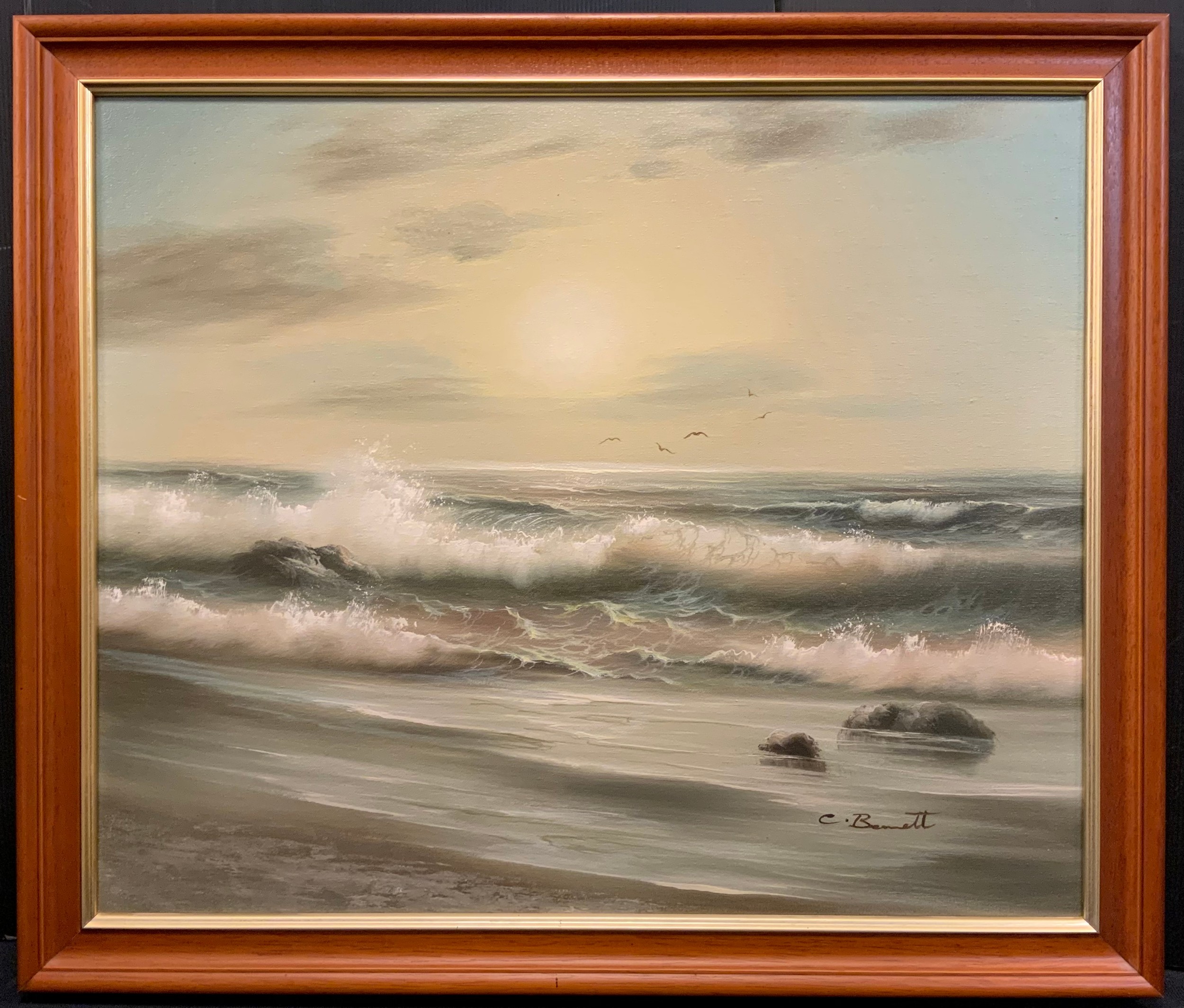 C. Barrett, Dawn light over the Atlantic shore, signed, oil on canvas, 50cm x 60cm.