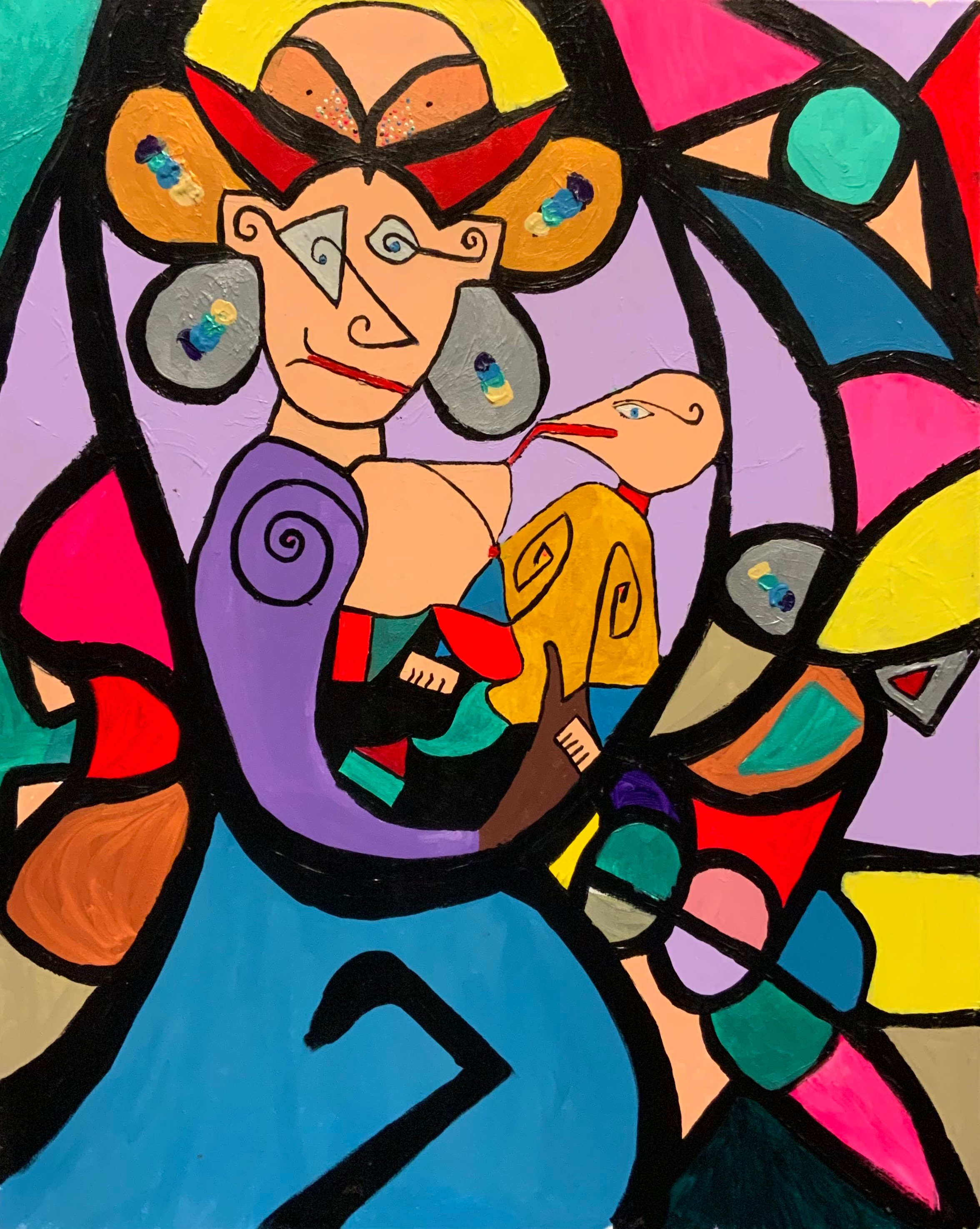 Matthew Rutherford (Art From A Locked-In Mind) Mary Mother and Child signed, acrylic on canvas, 81cm x 102cm  Matthew suffered a traumatic brain injury in a car crash that led to aphasia and a struggle to communicate. Painting helps him to communicate his frustrations in life and allows him to vent his " Locked-In Mind". His first Art Exhibition was at the Brick Lane Gallery in 2020, followed by the Joseph Wright Museum, Derby, in 2021.   These works are being sold by Matthew to raise funds for his chosen charities, four causes that are all close to his heart.