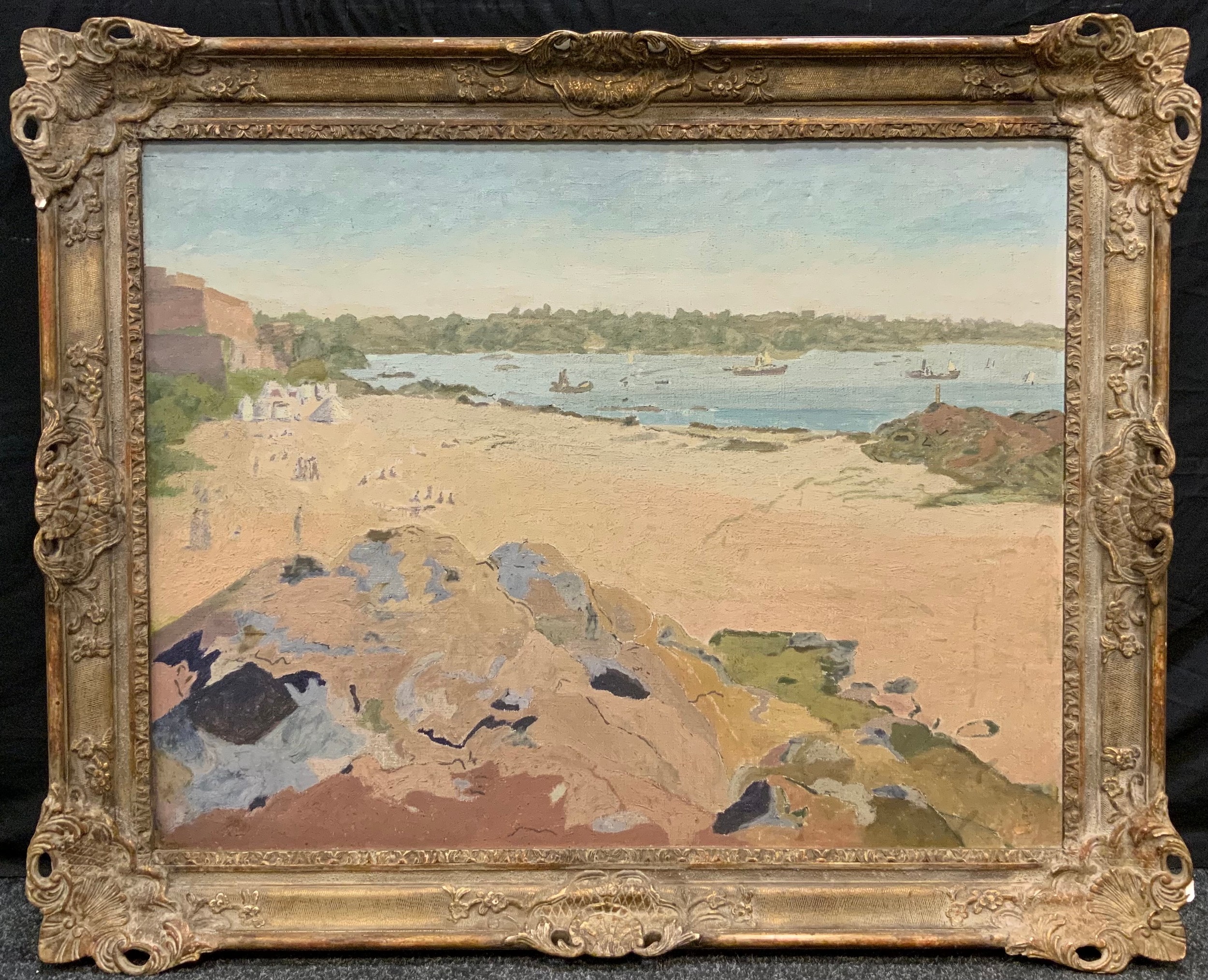 Sir John Lavery, R.A., R.S.A., R.H.A., British Impressionist (1856-1941) North African Landscape, with figures and body of water unsigned, oil on canvas, 72cm x 92cm  Bourlet Galleries, 17 & 18 Nassau Street, Mortimer Street W.Phones Museum 1871 & 7588 label, the frame R.S.A. Official Agents James Bourlet & Sons Ltd, Nassau Streeet, London