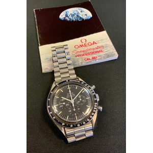 An Omega Speedmaster Professional  APOLLO XI Moon Landings wristwatch Circa 1989, stainless steel case marked Omega Speedmaster - First Watch Worn On The Moon, Apollo XI,  pump push button and no-screw type crown. Matte black dial, luminous bâton indexes, outer minute/seconds divisions, subsidiary dials for  0-60 seconds, 0-30 minute and 12-hours registers. white luminescent bâton hands and arrow markers, manual winding cal 863 movement, signed “Omega 17 jewel”, serial No 48169783, steel case with fixed black bezel, graduated tachymeter scale up to 500 units, screwed window back case, Omega stainless steel link bracelet No.1447, with deployment clasp, four spare links, instruction book, original guarantee booklet dated 28th July 1989, purchase receipt and service paperwork.