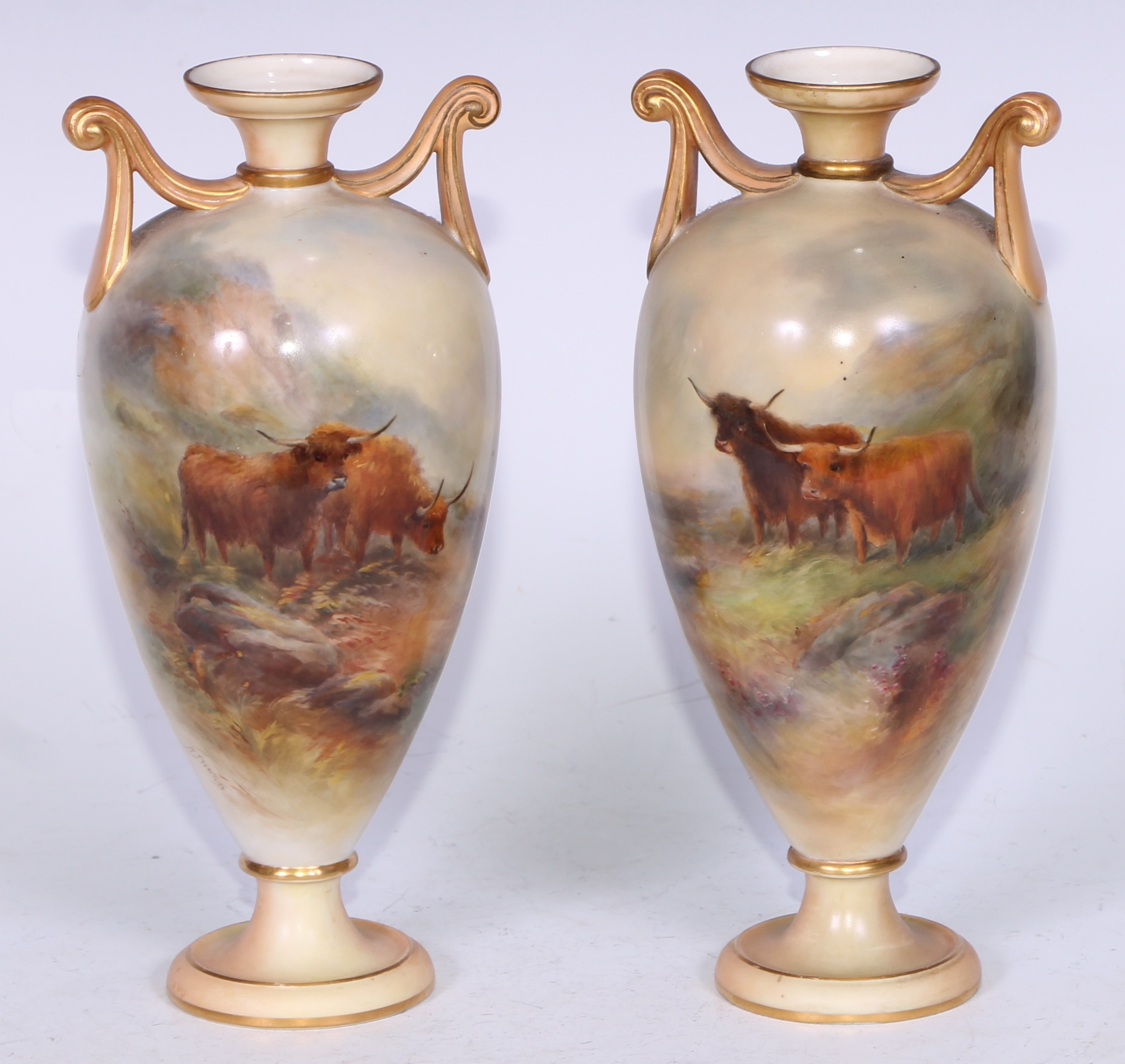 A pair of  Royal Worcester pedestal ovoid two handles vases, painted by Harry Stinton, signed, with Highland cattle, gilt rim, 22cm high, printed crown and circle mark in puce, date code for 1910, G962