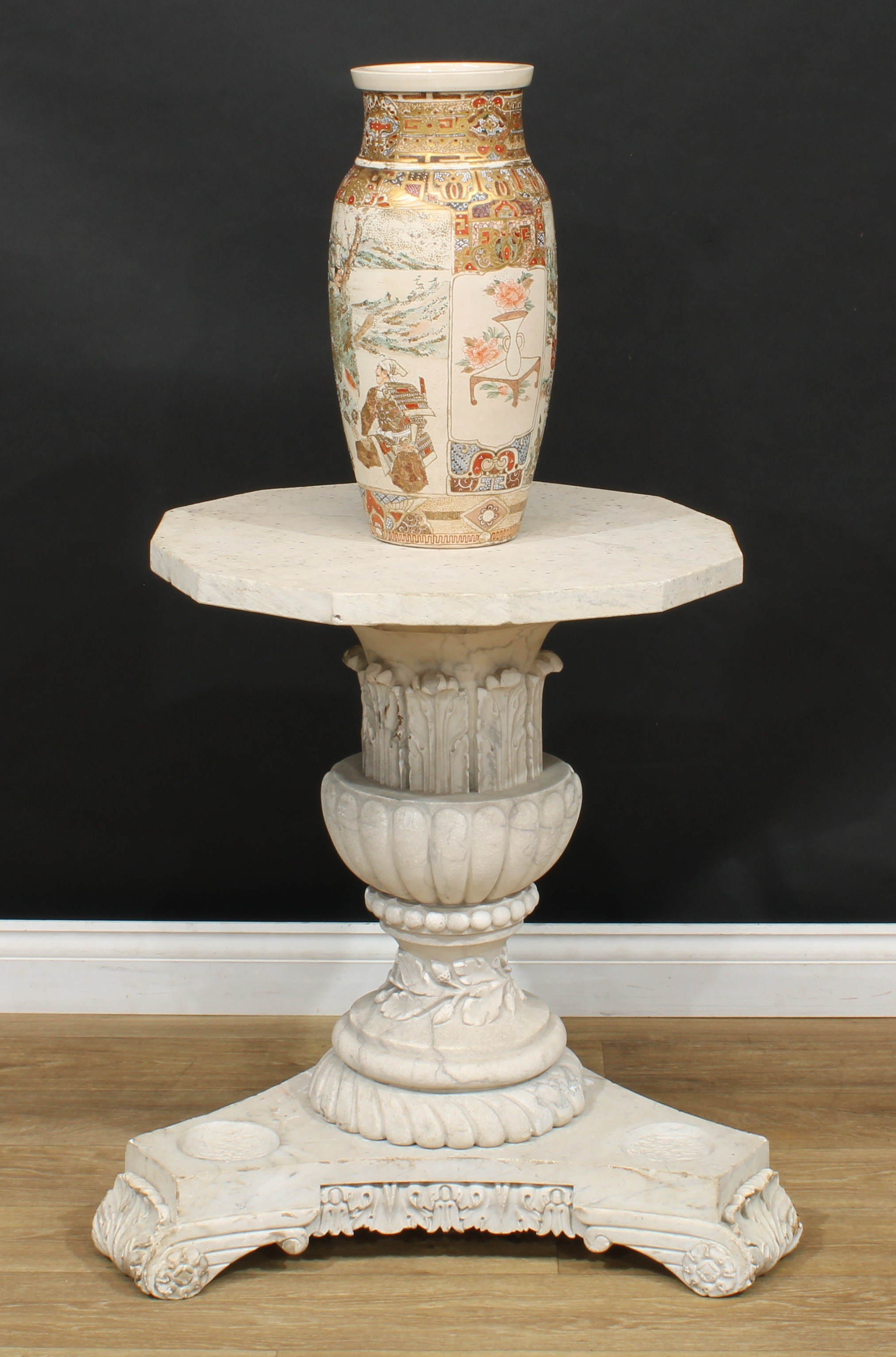 A 19th century Carrara marble country house orangery centre table, dodecagonal top, fluted campana pedestal, carved with stiff acanthus, incurve triform base, signed to the underside J.Goulding, Sculpt, Penrith, 1843, Mr Jasm Fallowfield, 1843, 74cm high, 60cm wide