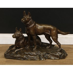 Jean Joire,  French,  1862-1950 a patinated bronze,  Two alsatians,  signed: J. Joire, inscribed with Susse Fres Edts Paris with a dedication plaque inscribed 'A JACQUES GUILLAUMET Ses Amis & Collaborateurs EN RECONNAISSANCE DE SON DƒVOUENMENT POUR TOUS 18th OCTOBRE 1924, 49cm high, 70cm wide