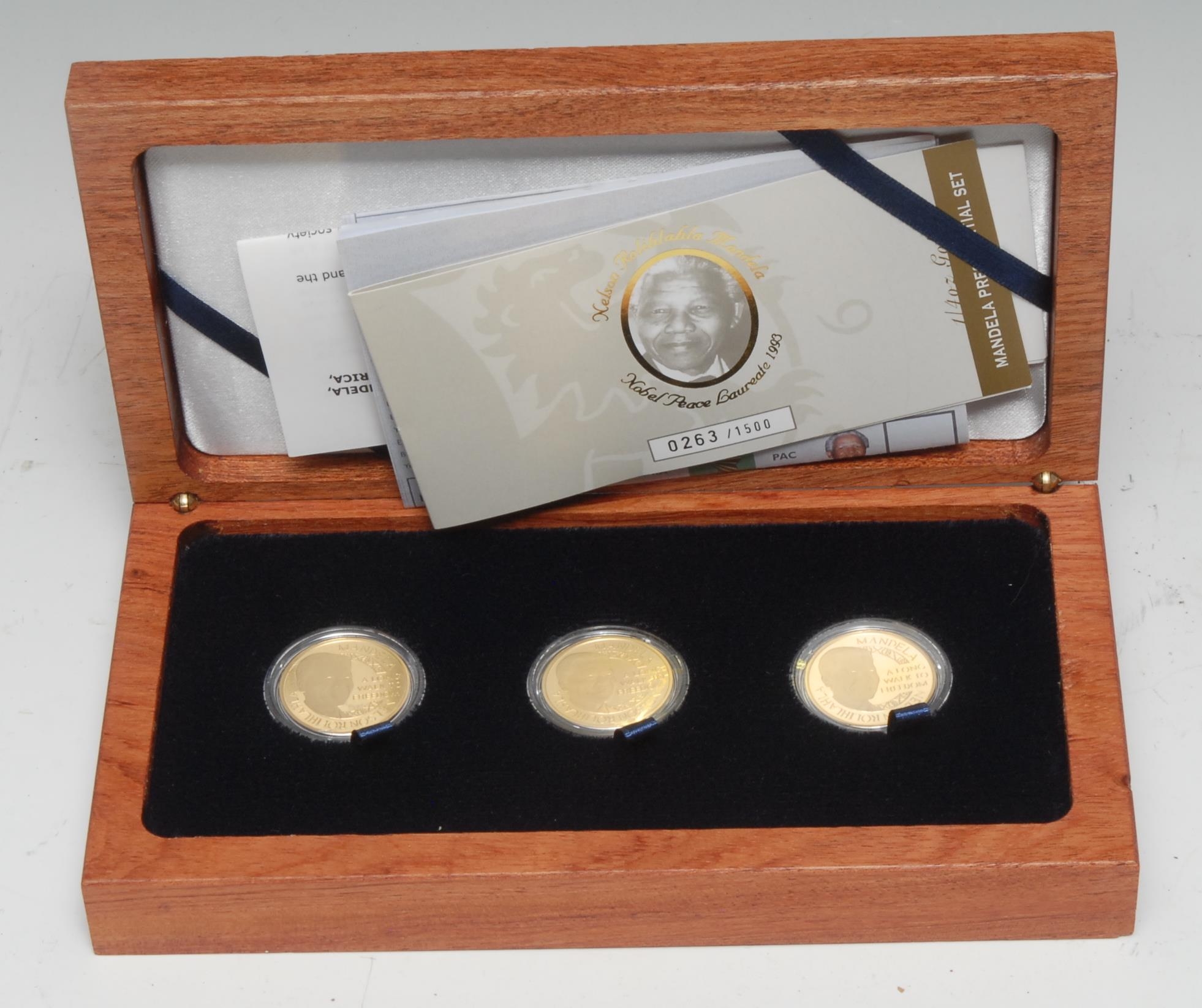 Nelson Mandela - Coins and Medals - A Nelson Mandela, Mint of Norway 24ct gold set of three commemorative medallions, presidential set, a long walk to freedom, inauguration speech, 10th May 1994, the union buildings, Pretoria, The first democratic South African general election, 27th April 1994, each 7.08g, limited edition 0263/1500, issued 2013, boxed.