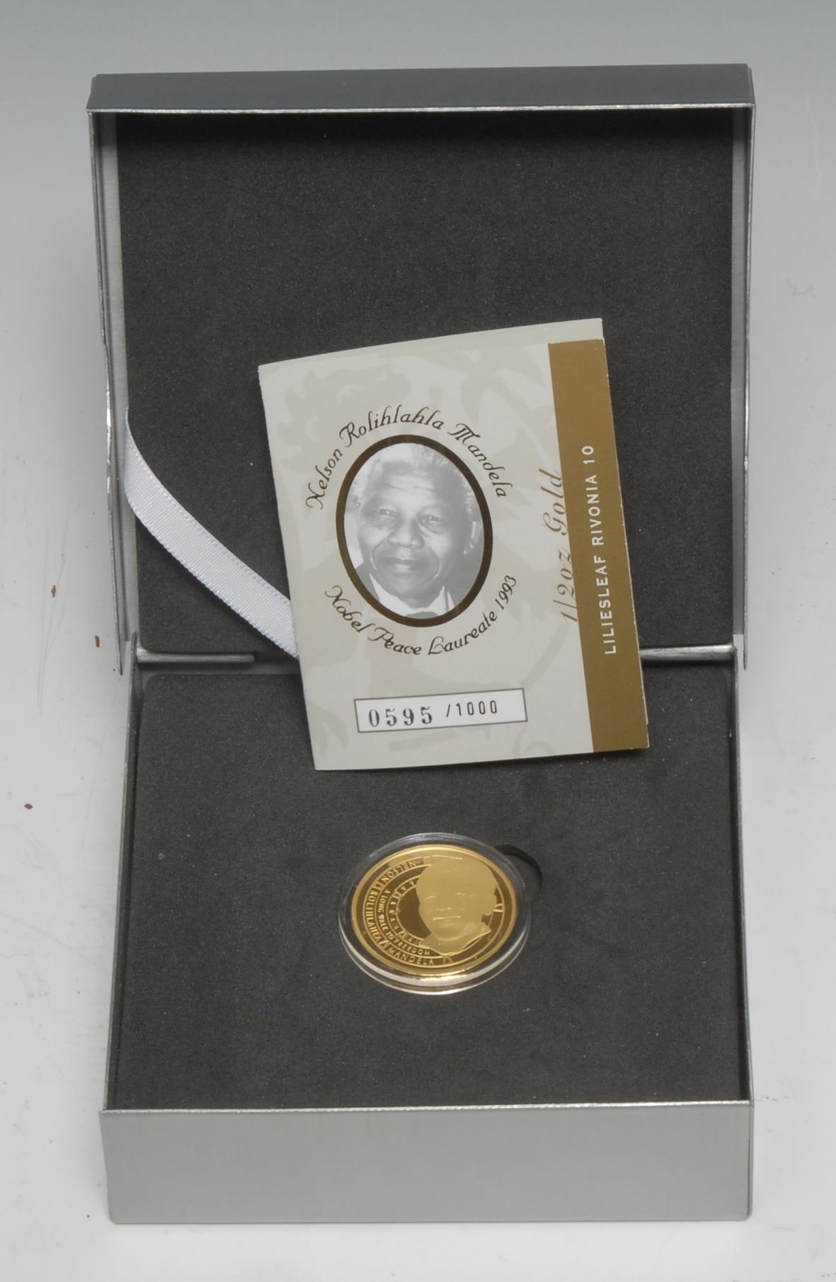 Nelson Mandela - Coins and Medals - Liliesleaf, The Rivonia 10, Mint of Norway 24ct gold commemorative medallion, a long walk to freedom, 14.17g, limited edition 595/1000, boxed.