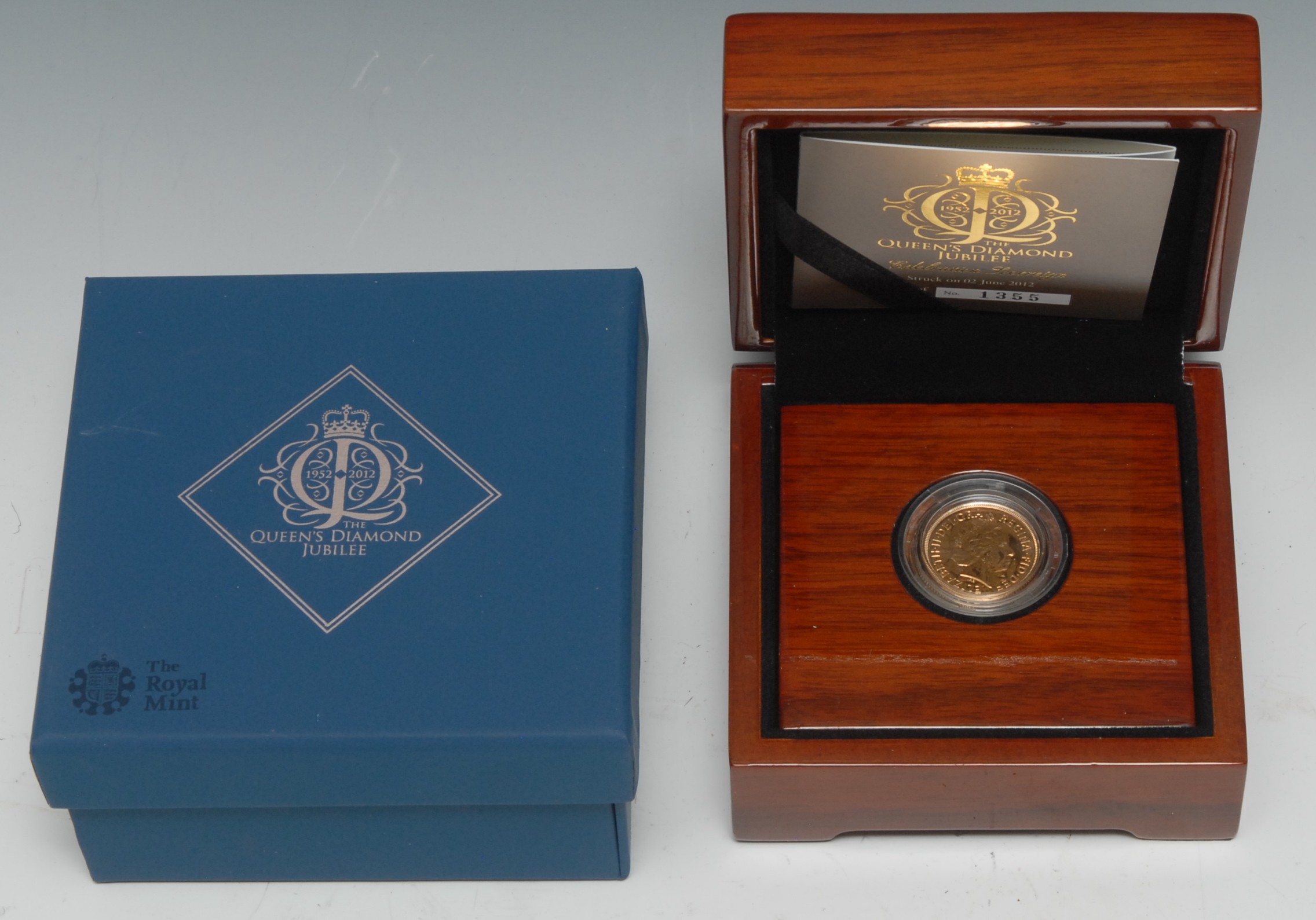 Coins and Medals - A Queen Elizabeth II Diamond Jubilee Sovereign, The Royal Mint 22ct gold coin, 7.98g, No 1355, issued 2012, boxed.