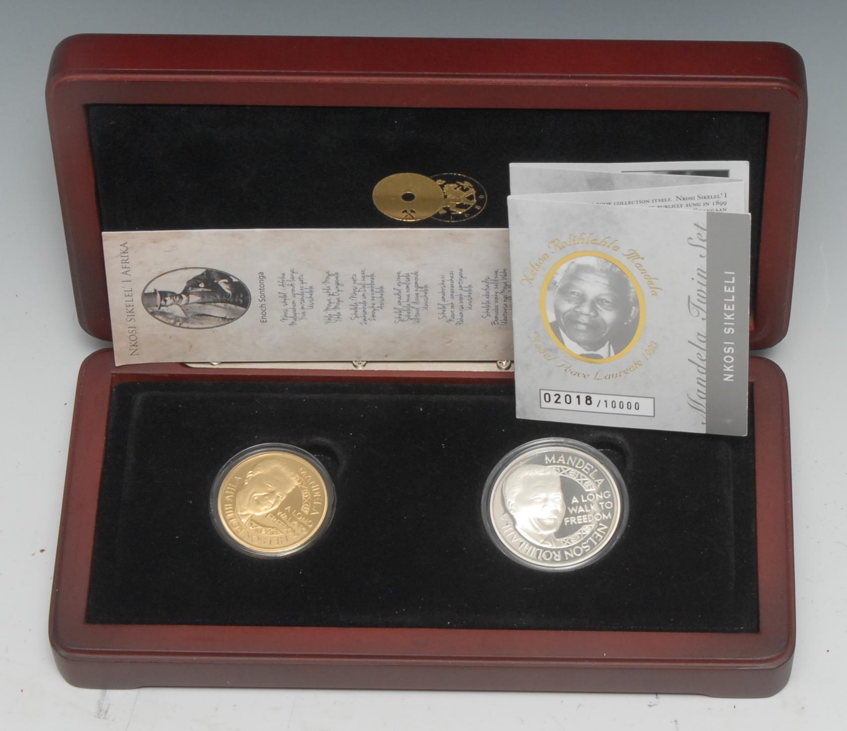 Nelson Mandela - Coins and Medals - A Nelson Mandela, Nkosi Sikilele, Mint of Norway 14ct gold commemorative medallion, a long walk to freedom, 14.17g; another sterling silver, 16.8g, limited edition 02018/10000, issued 2011, boxed.