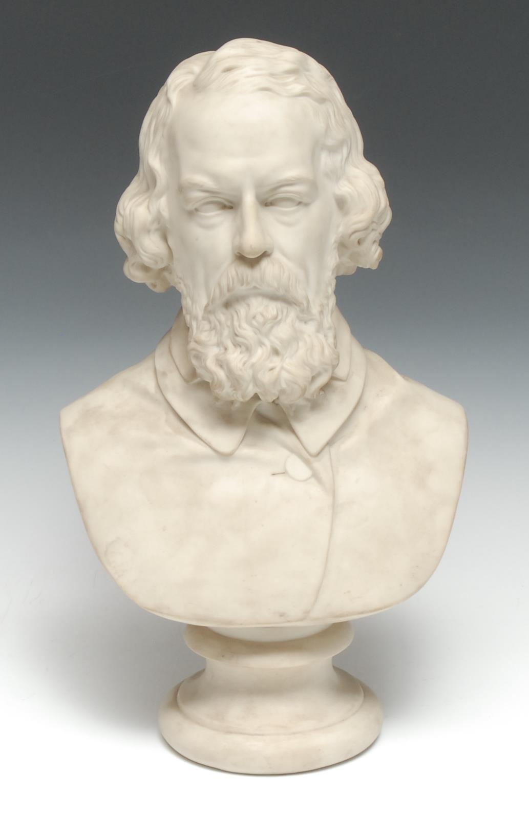 A mid-Victorian Robinson & Leadbeater parian ware library bust, of Alfred Tennyson, after the sculpture by Woolner, Published by John Stark, waisted socle, 39cm high, inscribed in relief, dated 1867