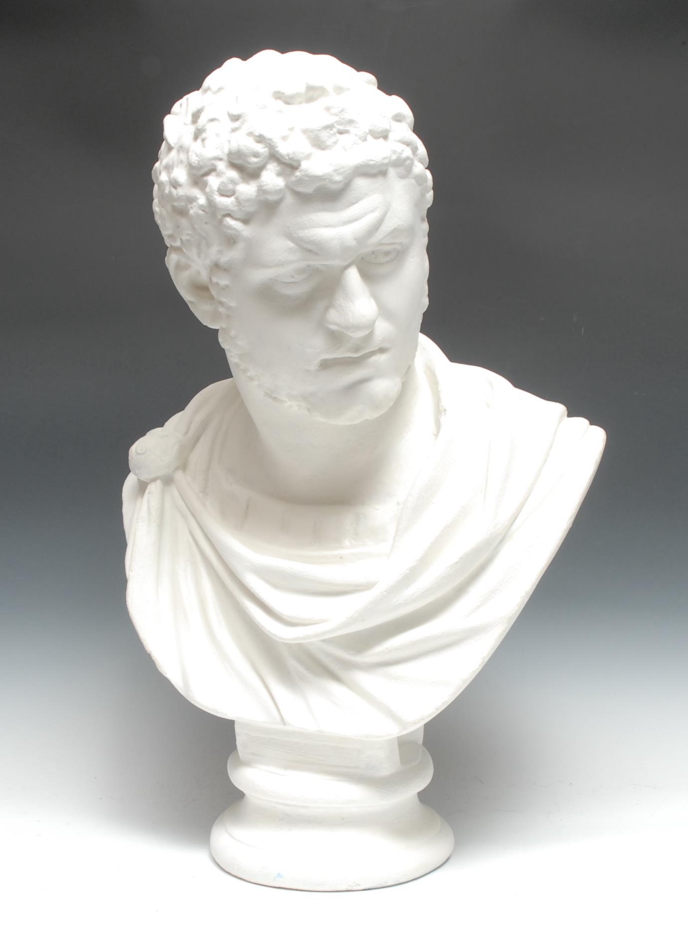 A plaster library bust, of Roman Emperor Caracalla [born Lucius Septimius Bassianus, later Marcus Aurelius Antoninus, reigned 198 - 217AD], waisted socle, 64cm high