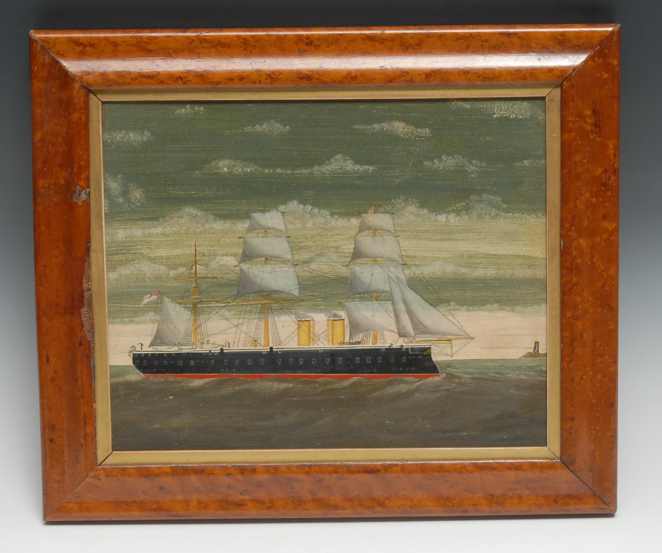 English Naive Maritime School (19th century) A Primitive Portrait, of a Royal Navy Rigged Steam Ship oil on board, inscribed and dated 1889 to verso, 21.5cm x 27cm, maple frame, 30cm x 36cm overall