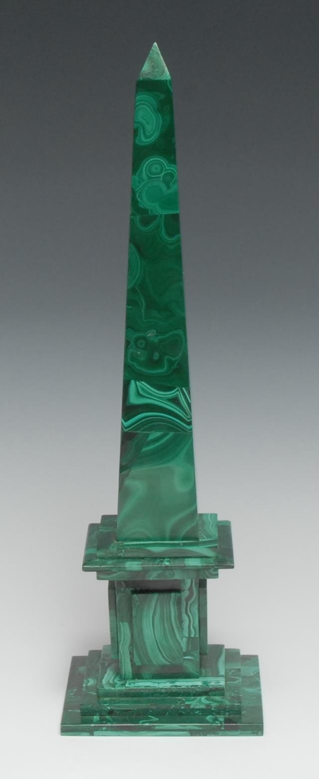 A malachite desk obelisk, stepped base, 30cm high