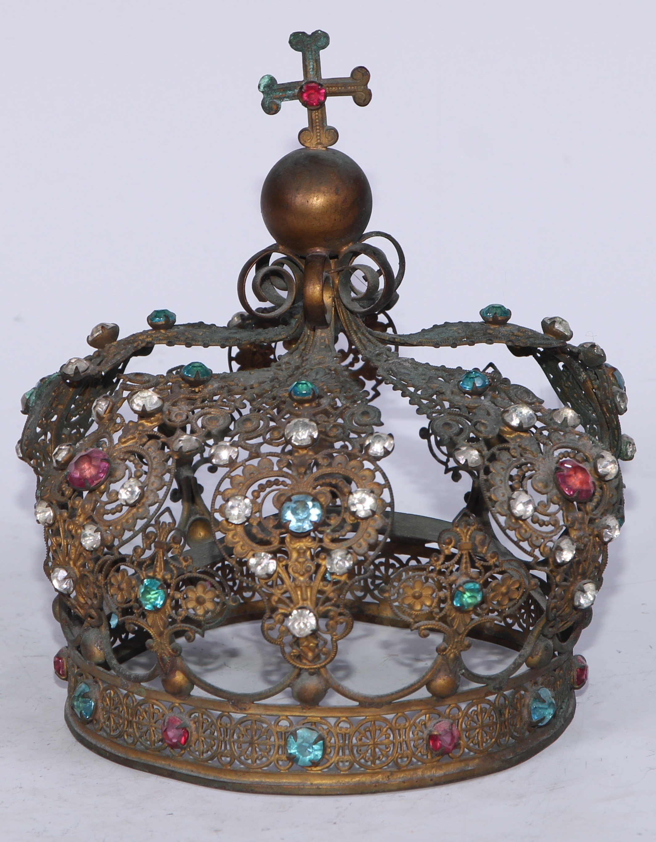 Hagiography - a 19th century Continental filigree gilt-metal devotional crown, possibly from a saint's figure or reliquary, applied with colourful paste stones, 16.5cm high, c. 1870