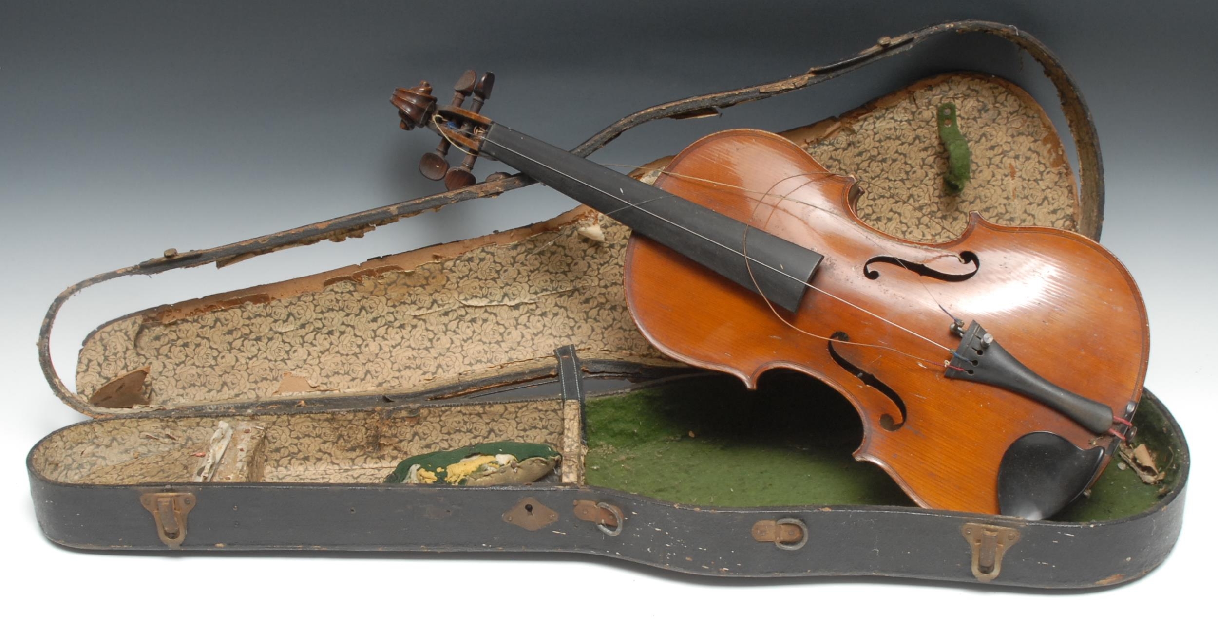 A violin, by Hermann Schlosser, Erlbach, the one-piece back 36cm long excluding button, outlined with purfling, rosewood tuning pegs, paper label, 60cm long overall, dated 1894