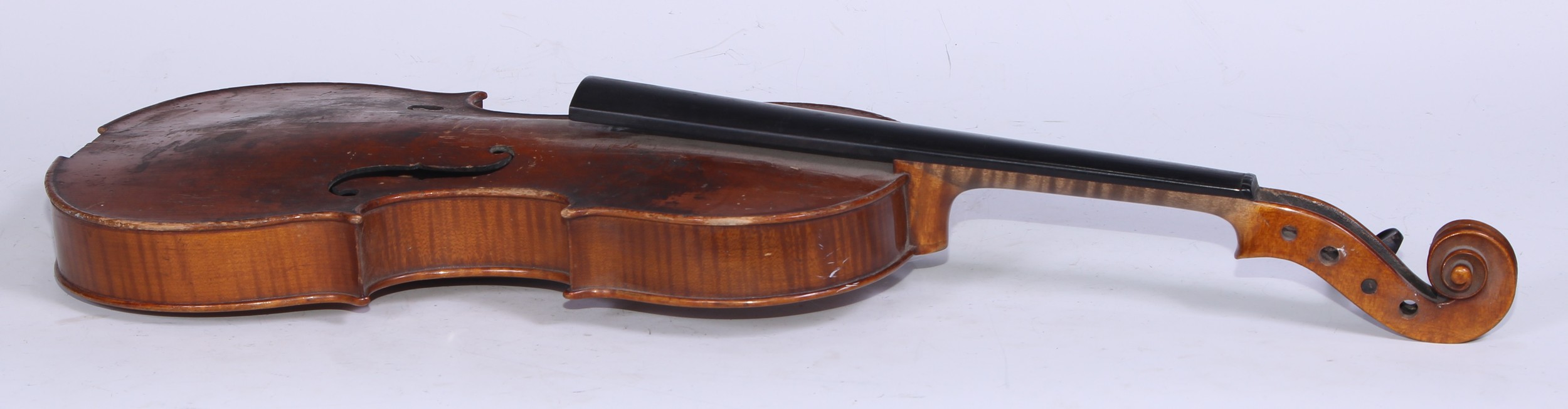 A violin, by E R Schmidt & Co, the one-piece back 35.5cm long excluding button, paper label printed Copy of Amati, expressly made for W S Riley & Son, Birmingham by E R S & Co, outlined throughout with purfling, 60cm long overall, c.1900