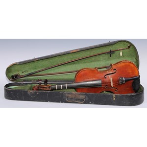 A violin, The Maidstone by John G Murdoch & Co Ltd, London, the one piece back 36cm long excluding button, outlined with purfling, rosewood tuning pegs, 60cm long overall, cased, the bows unsigned