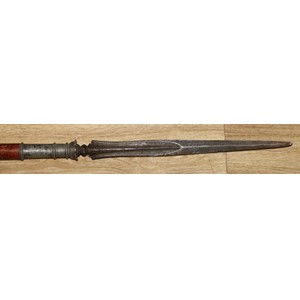 An Indian sang lance or spear, 32cm wootz steel head with double-edged blade, lotus shaped socle, hardwood shaft, 203cm long overall, 19th century