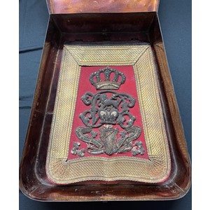 8th Kings Royal Irish Hussars Officers Sabretache. Paper makers label  to interior for "Hamburger & Co, 30 King Street, Covant Garden, London. Lacemakers to the King". Complete in original storage tin.
