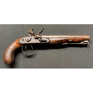 Flintlock Officers Pistol with octagonal barrel 220mm in length. Lock is signed "Collins". Working action which holds at both full and half cocked positions. Working Safety catch. Blank Silver escutcheon plate. Rear sight and brass stud foresight. Overall length 345mm. Complete with hinged ramrod. Chequered grip. Section 58 (2) no licence required.