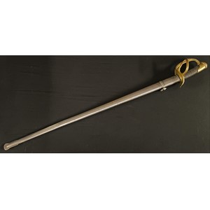 19th Century French Dragoon Sword M1854/1882 with double fullered, single edged blade 915mm in length. Maker marked to spine of blade and dated. Wire bound leather grip. Brass guard stamped "21633". Overall length 107.5cm. Complete with steel scabbard with single suspension ring. Matching serial number "21633". Inspection stamped.