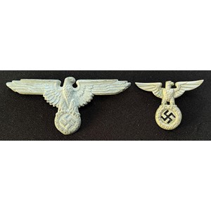 WW2 Third Reich SS Cap eagles: 1936 pattern cap eagle maker marked 55/42, missing one prong along with an early SS cap eagle, no makers marks. War souvenirs of a member of the British Merchant Navy. New to the market. (2)